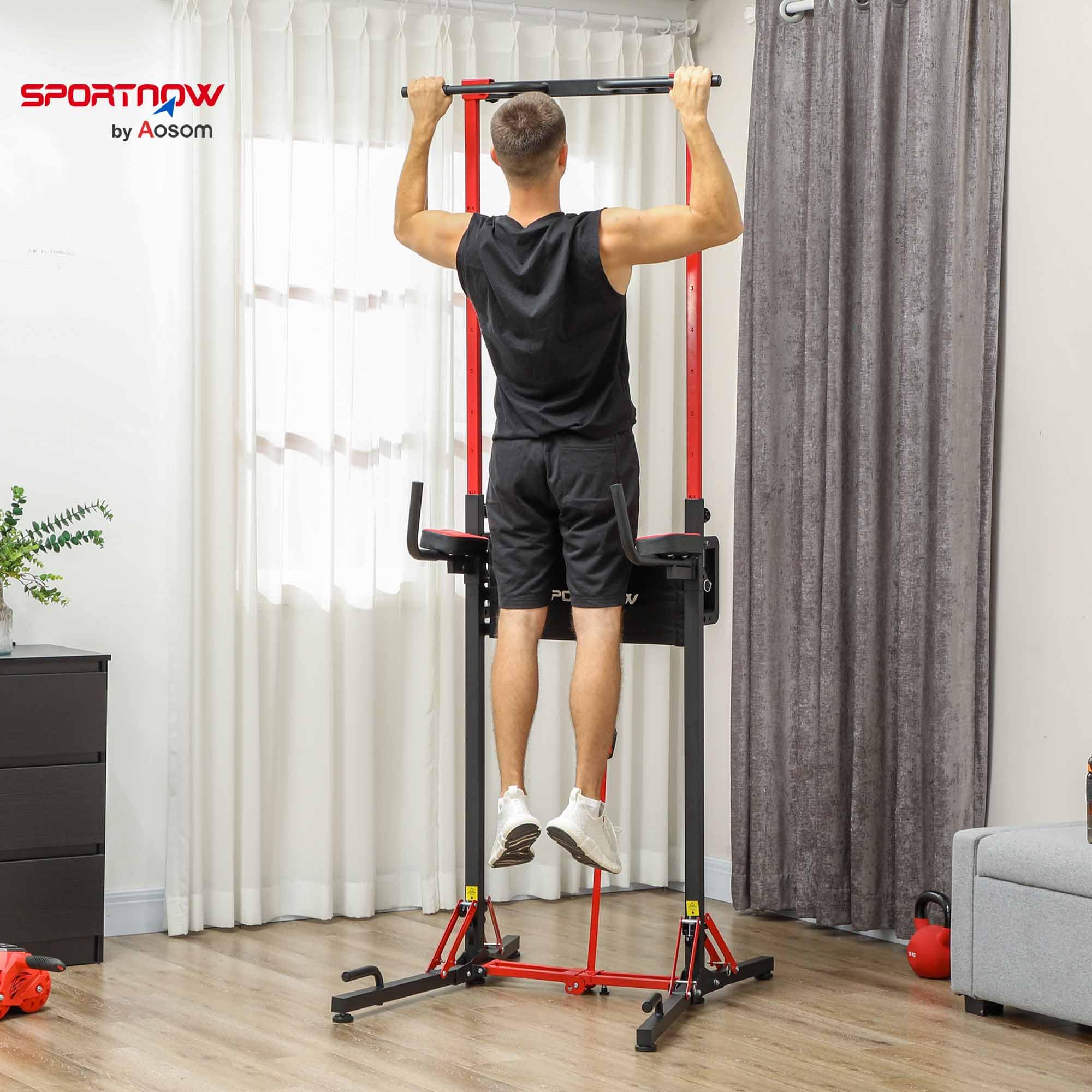 SPORTNOW Torre de fuerza plegable de altura regulable 127-223 cm, estación de inmersión con asas para flexiones, torre de potencia multifuncional, torre de dominadas, barra de dominadas, estación de