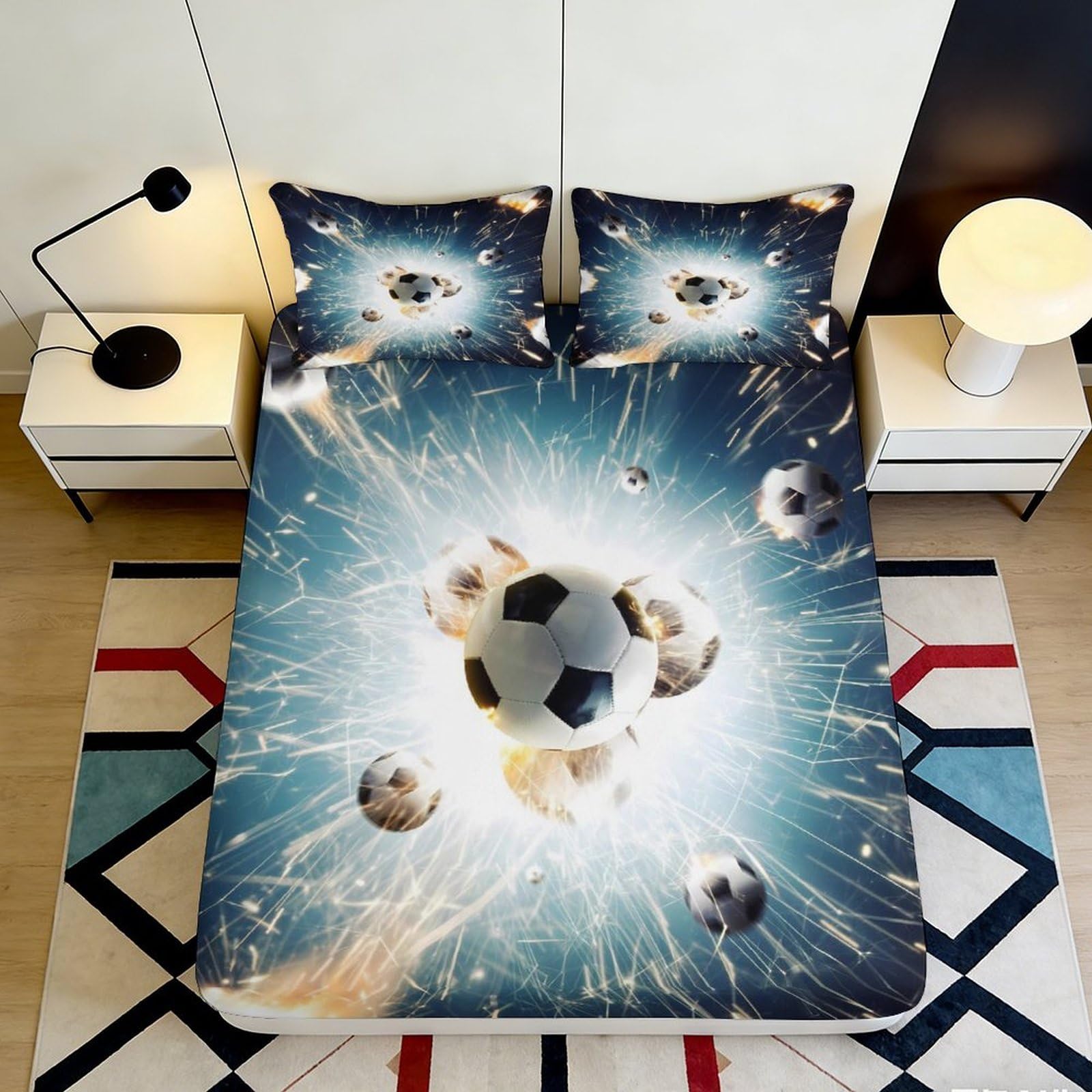 3D Printed Soccer Explosion Fitted Sheet Microfiber Anti-Slip Bed Cover for Bedroom Dorm Mattress Protection Decor 120x200x25cm