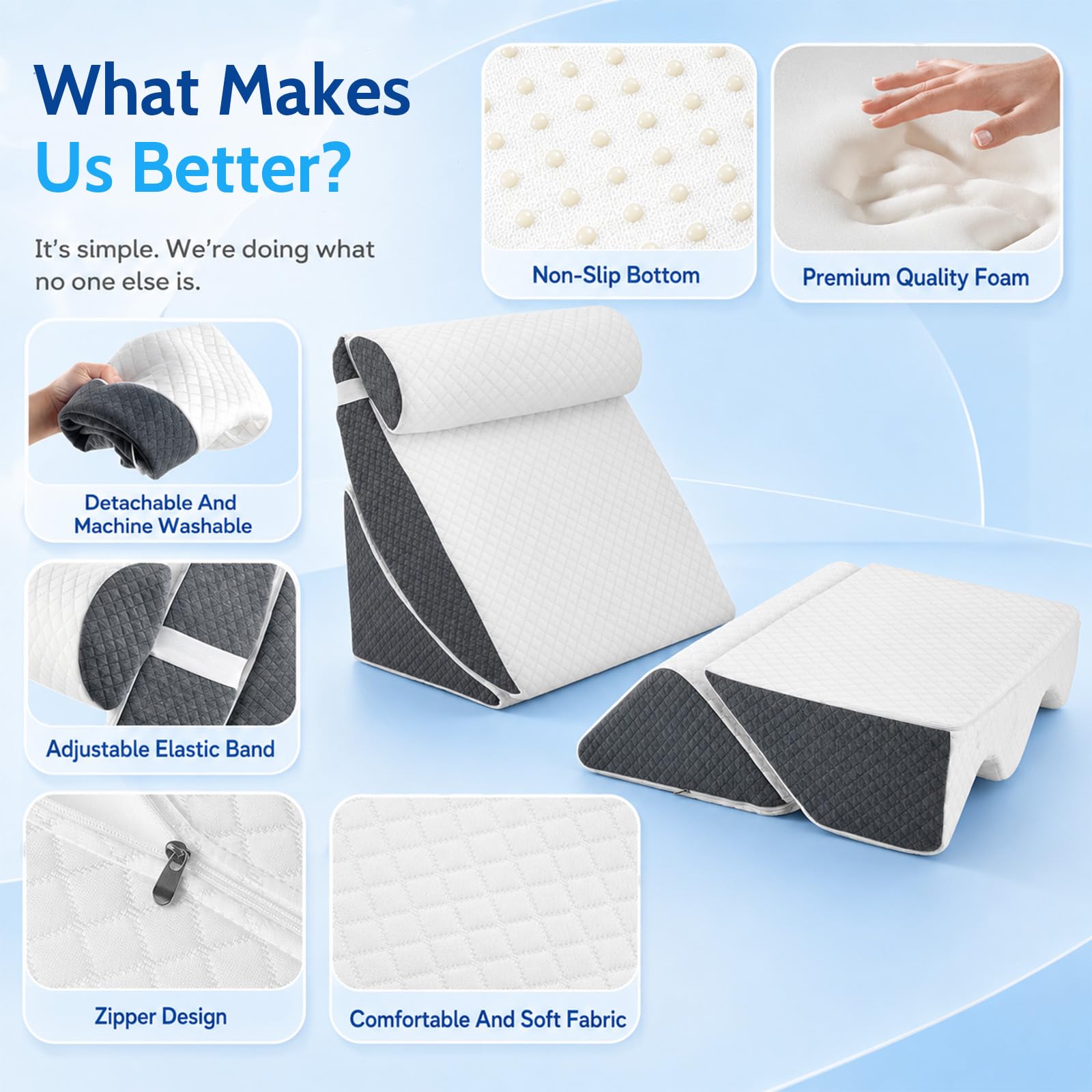 Set di 5 cuscini a cuneo ortopedici da letto, per post-chirurgia, cuscino a cuneo regolabile, con 2 cuscini per gambe, cuscino da lettura in memory foam, comodo e regolabile, anti-russamento