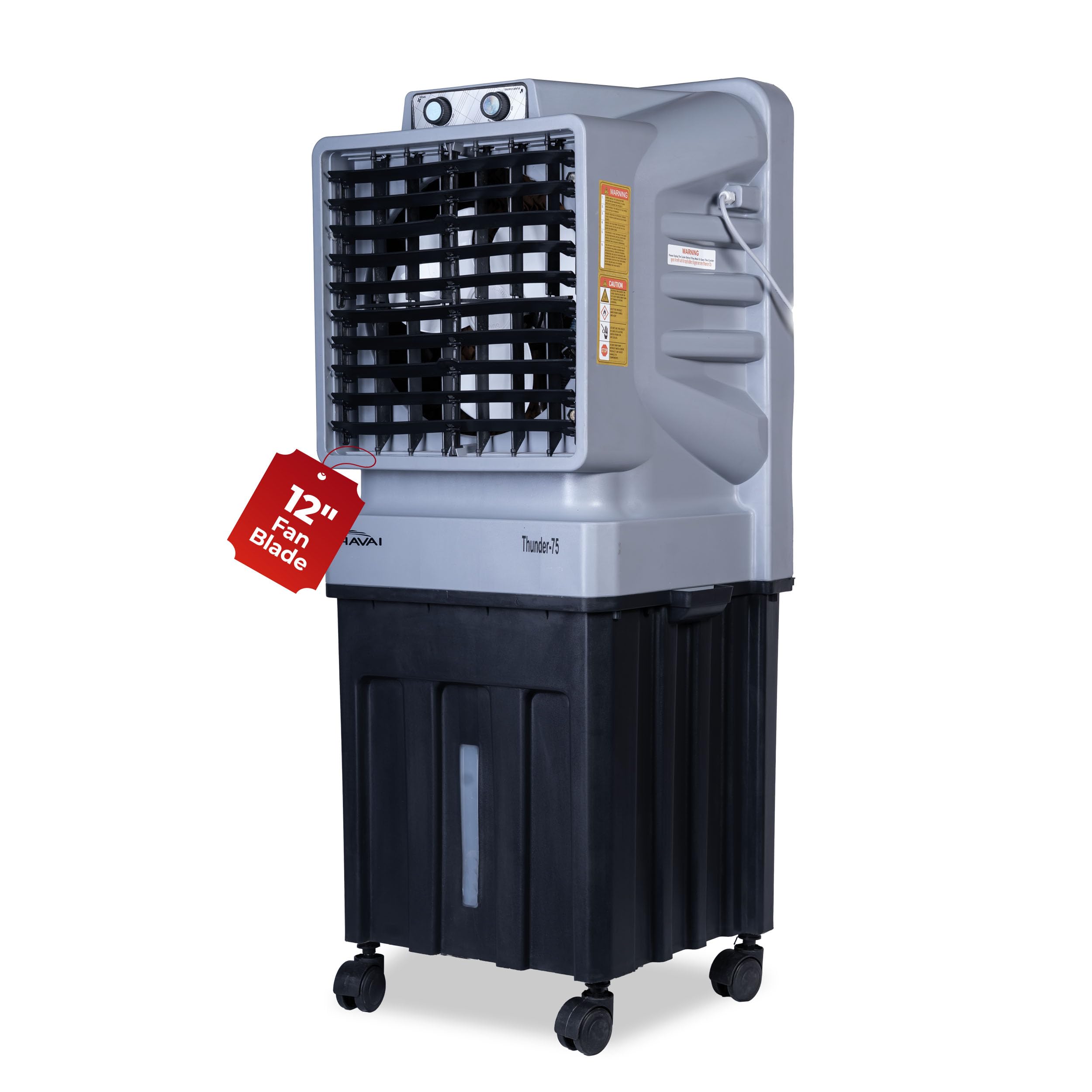 HAVAI Thunder-75 Tower Air Cooler | 70L Tank | 12″ Blade | Ideal for 150 sq ft Rooms | 130W Power | 10 ft Air Throw | 1350 RPM | Auto-Louver | 3-Speed | 1-Year On-Site Motor Warranty (Black & Grey)