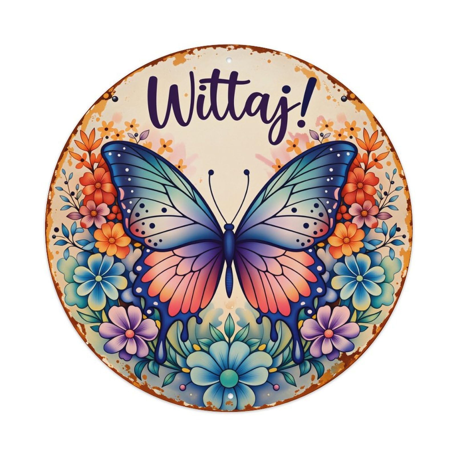 Butterfly Floral Welcome Pattern Art Round Tin Sign Vintage Style Metal Sign Home Bar Garden Wall Plaque Decor Metal Poster 8x8 Inch