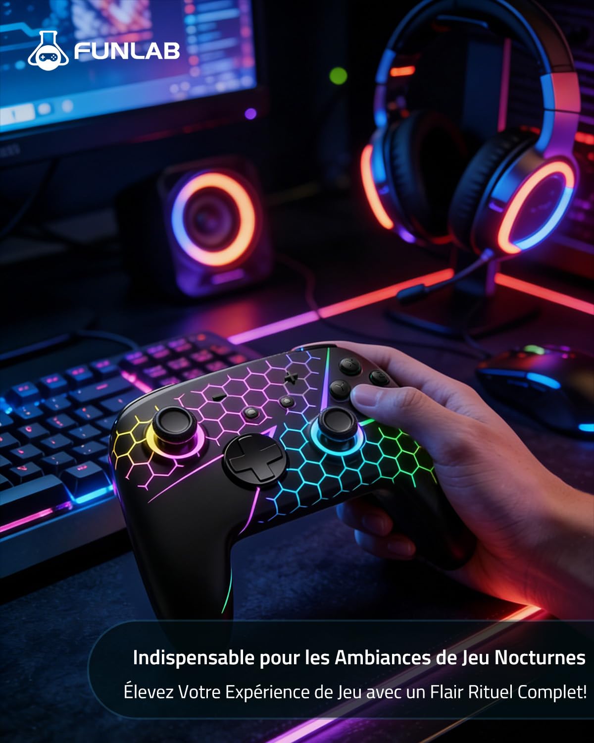 Funlab Manette Switch 2 Pro pour Switch2/OLED, Manette Switch 2 Sans Fil à Effet Hall avec Réveil Instantané, Firefly Bluetooth Pro Controller avec 7 Couleurs LED/Boutons Arrière/Turbo - Noir