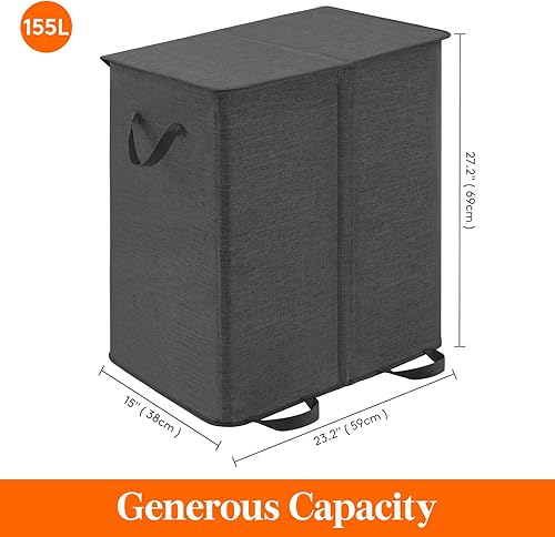 Miniatura 5 de Lifewit - Cesta de lavandería doble con tapa y bolsas de lavandería extraíbles, gran cesta plegable con 2 divisores y asas, para habitación,