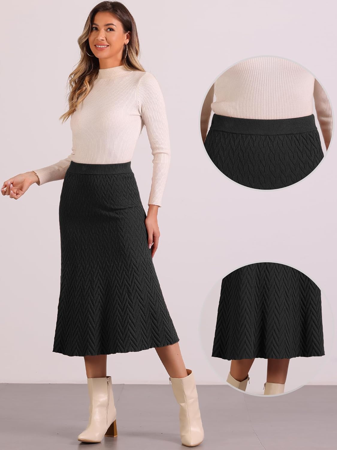 Allegra K Sweater Skirt for Women's High Waist Fall Stretchy Fishtail Cable Knit Midi Skirts - Image 4