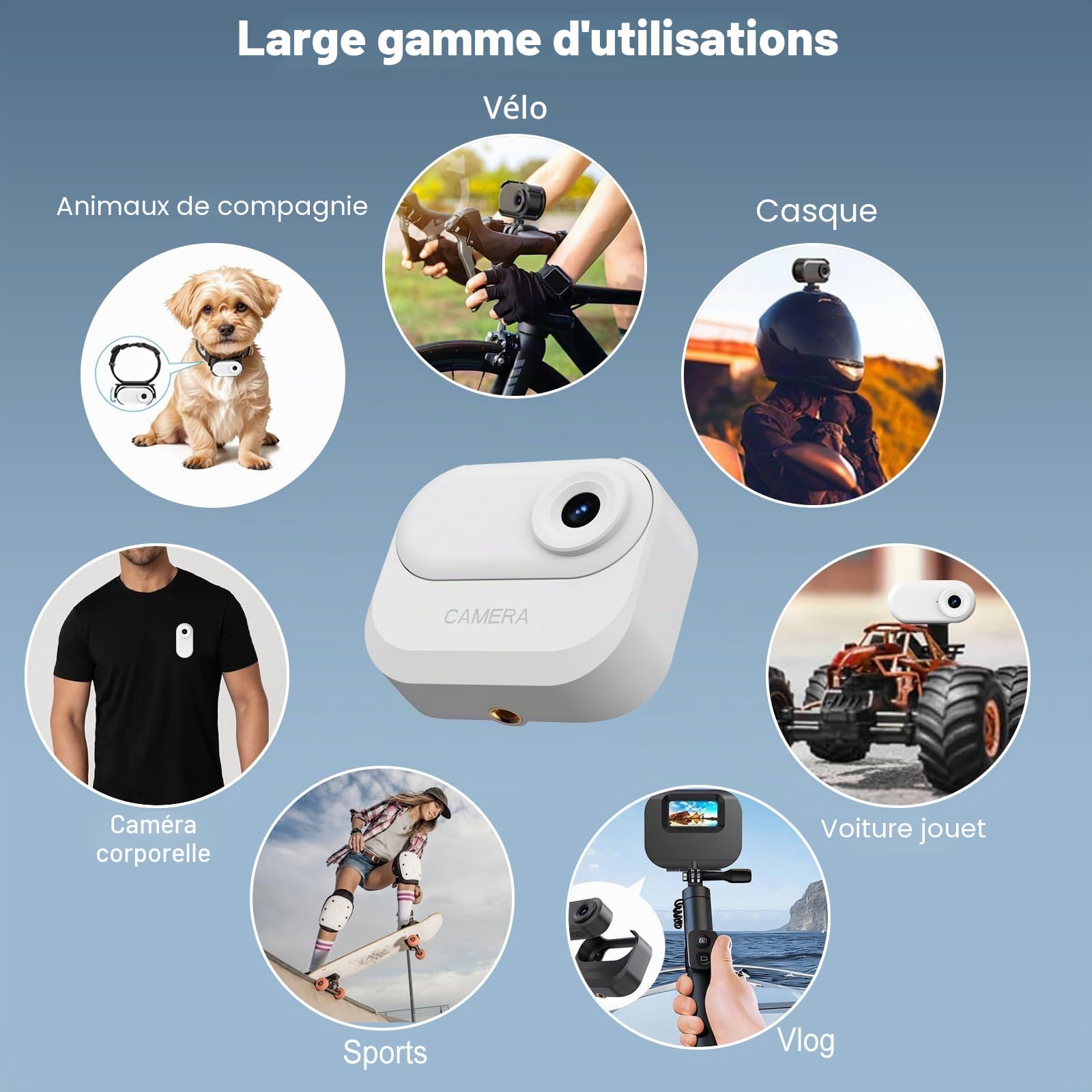 YDI Mini Caméra Portable 1080P pour Corps/Sports/Animaux, Double Batterie avec Magnétique Compartiment de Chargement de Batterie, Collier de Chien, Carte 32G (Blanc)