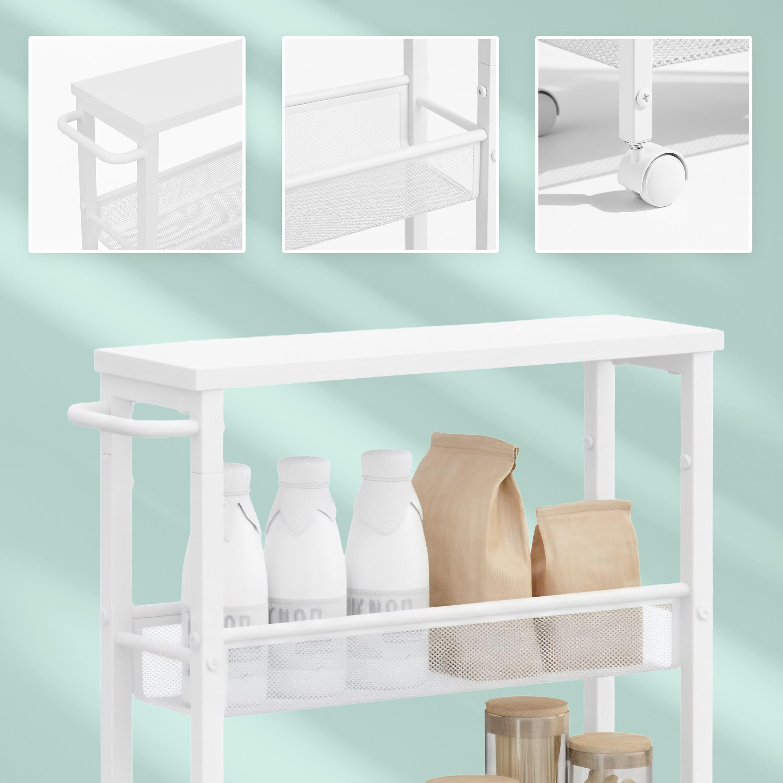 Relaxdays Chariot étroit HxLxP 77x13x45,5 cm pour SdB/Cuisine, 4 Niveaux à roulettes, métal Blanc
