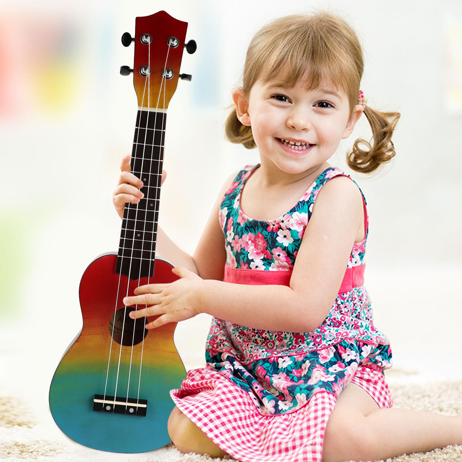 Alipis 21 Zoll Handgezeichnete Ukulele für Anfänger Kinder mit Regenbogen Design Umweltfreundliches Musikinstrument als Geschenk Satz mit Tasche