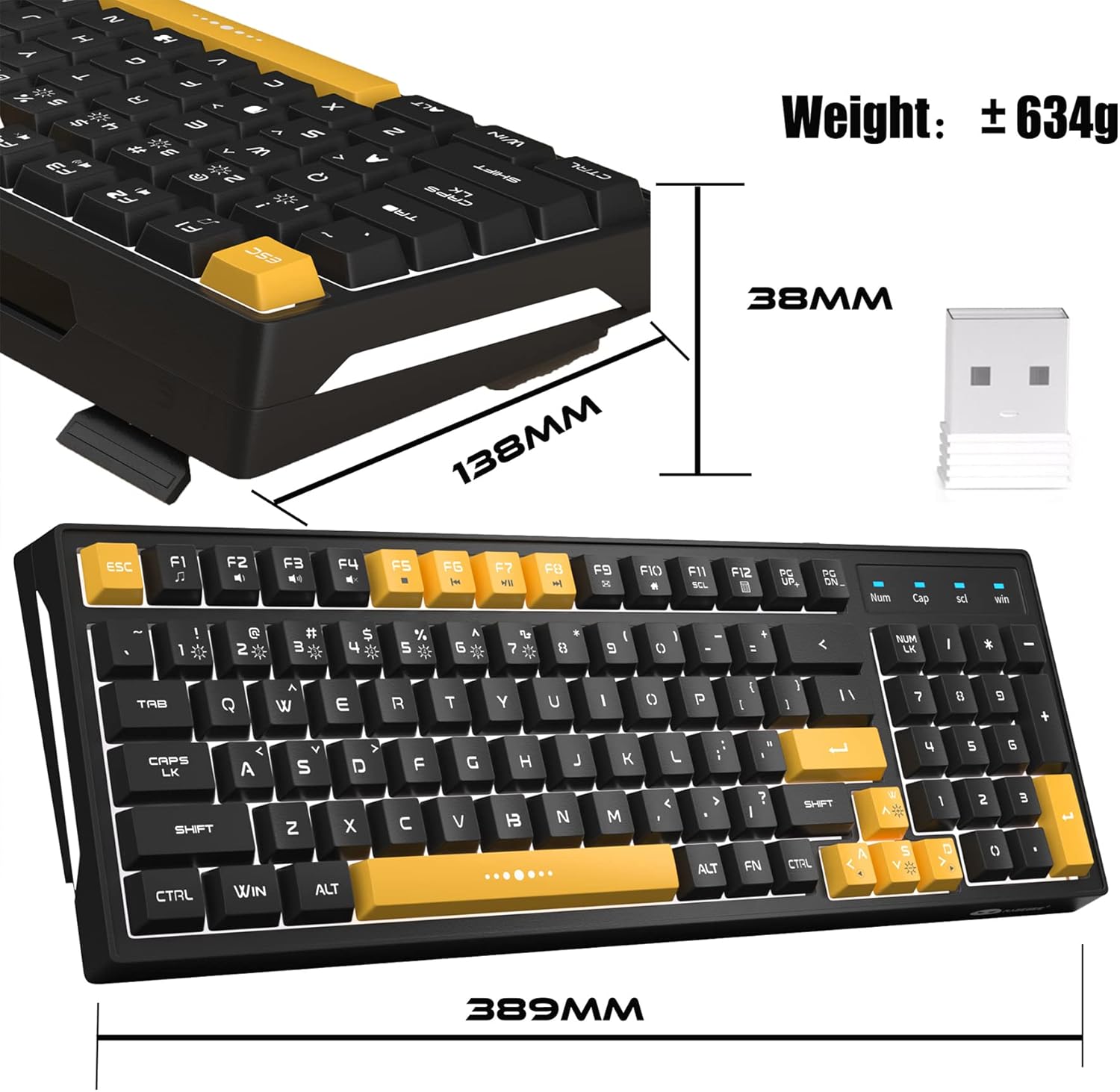 Mute Wireless Gaming Keyboard,V520 Rechargeable Keyboard 2.4G RGB Switchable Backlit Gaming Waterproof Silent Keyboard with Side Light for Windows PC Gamer Laptop PS4 Mac Gamer/Office, Black & Yellow