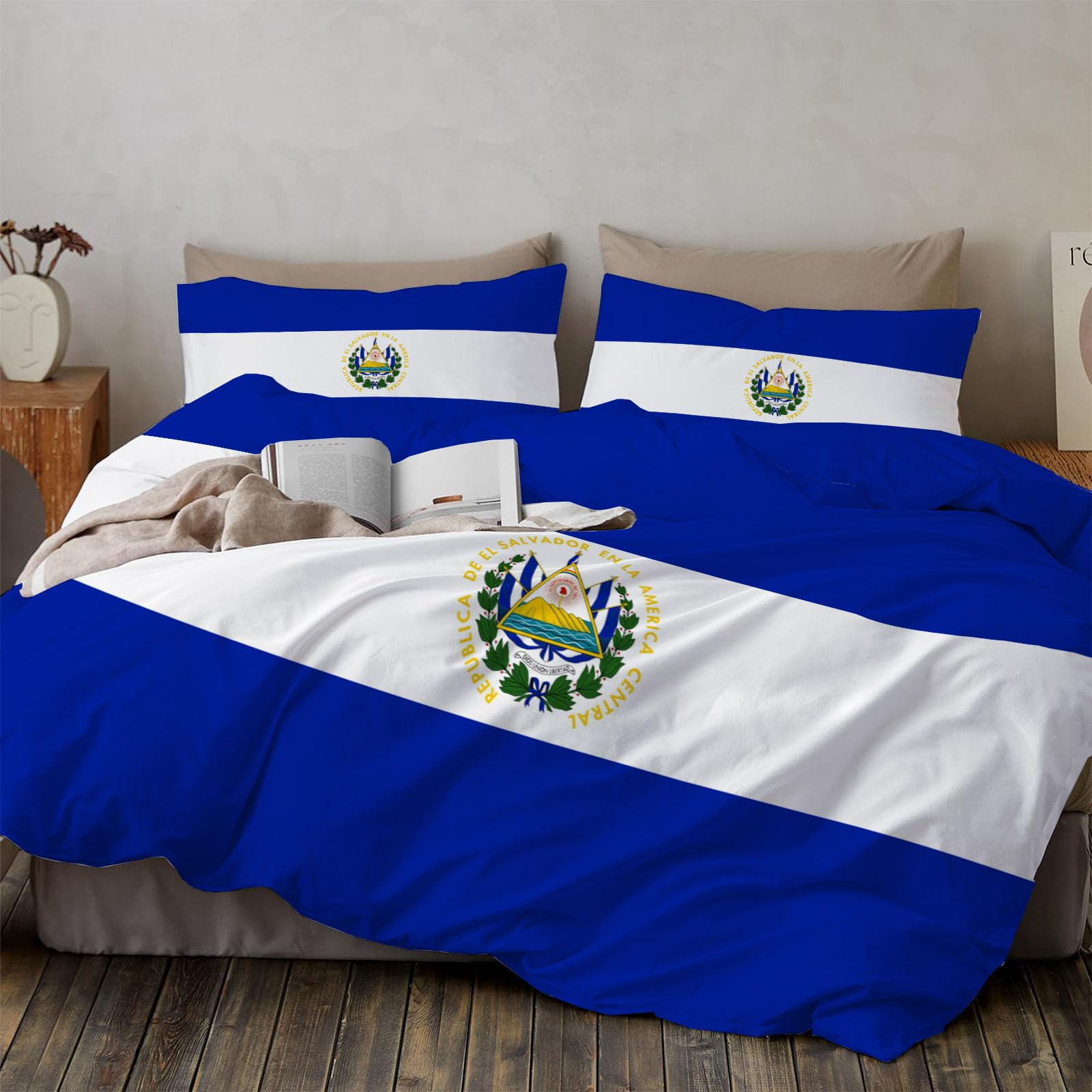 Parure de lit El Salvador pour chambre d'ado motif patriotique bleu et blanc 140x200
