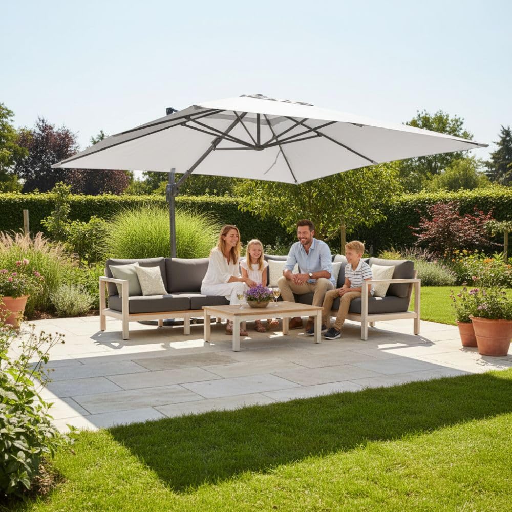RS Trade Sonnenschirm Ampelschirm 3x4m groß rechteckig, mit Windsicherung, Ständer und Schutzhülle, drehbar neigbar kippbar mit Kurbel, windstabil für Garten Terrasse Balkon Gastronomie, hellgrau