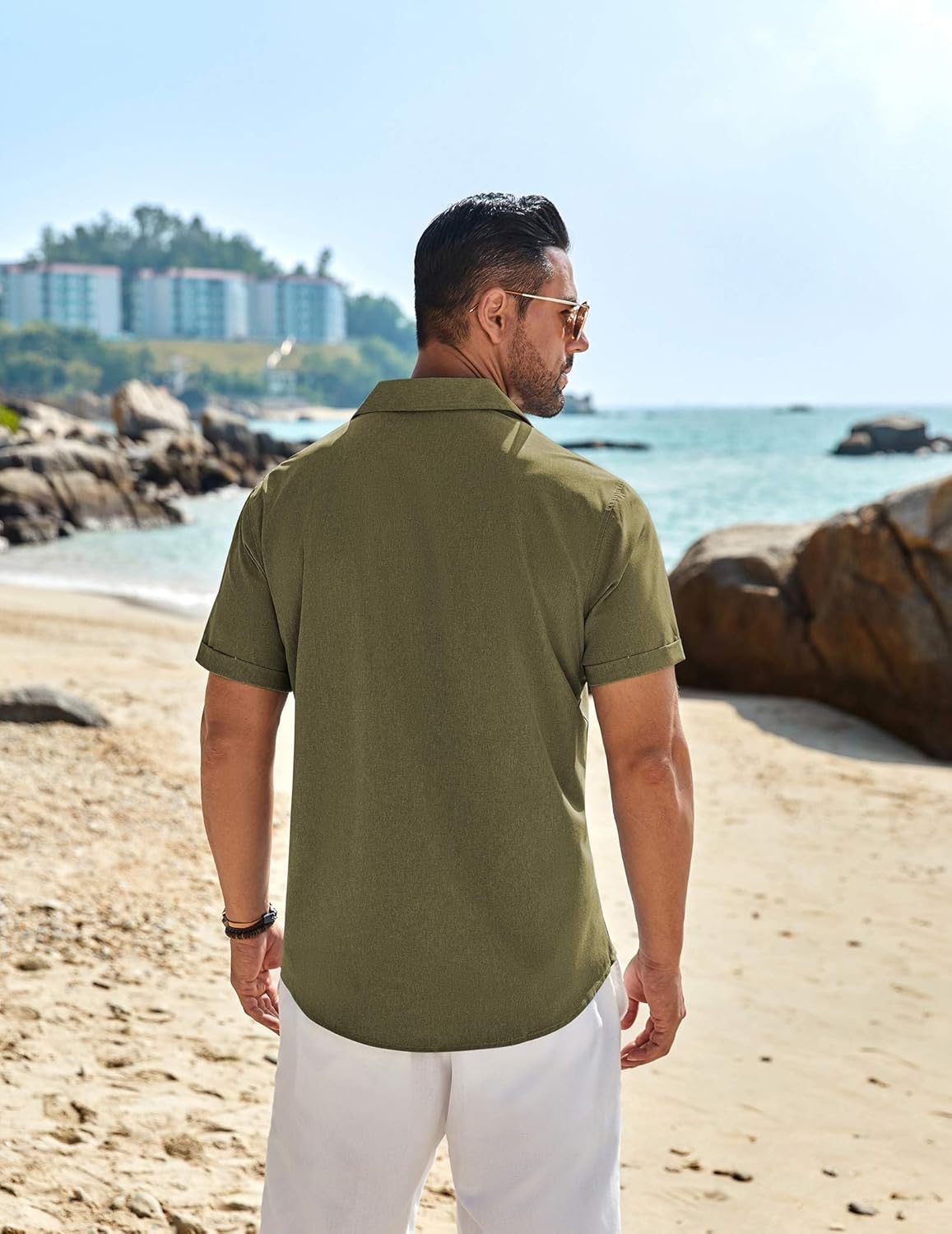 COOFANDY Mens Button Down Short Sleeve Shirt Casual Summer Beach Textured Pocket Olive Green - Image 4