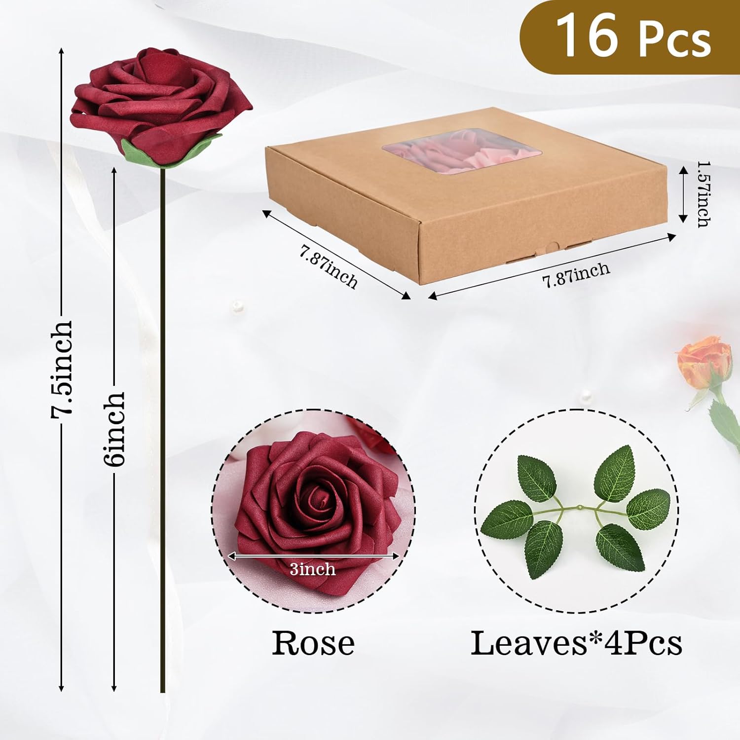 BLEUM CADE 16Pcs Artificial Flowers Fake Roses with Stems, Gradient Burgundy Boxed Foam Roses for DIY Bouquets Centerpieces Wedding Party Arrangement Bridal Shower Decor - Image 3