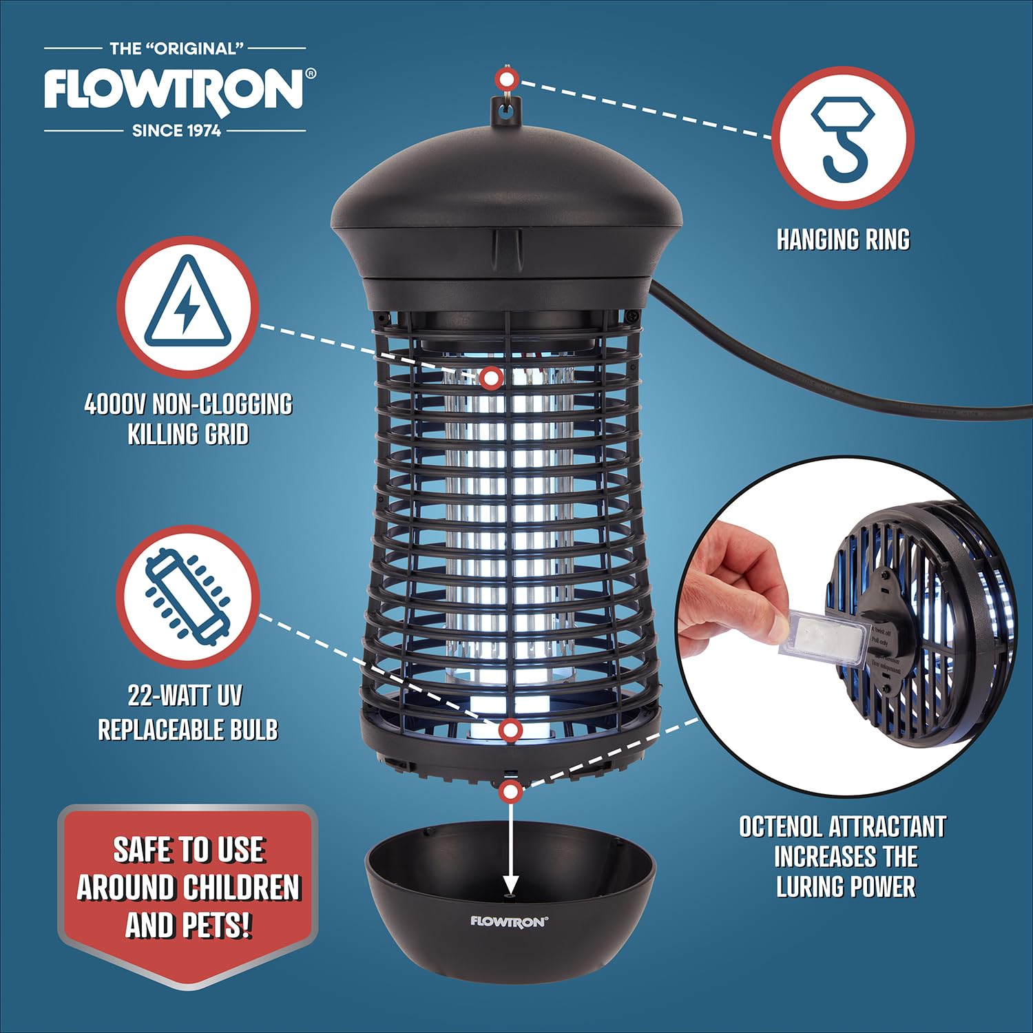 Flowtron Insektenvernichter für den Außenbereich, 4000 V, elektrischer Insektenvernichter mit 1/2 Acre-Abdeckung, nicht verstopfendes Stoßgitter, tötet Mücken, Fliegen und fliegende Insekten, Terrasse
