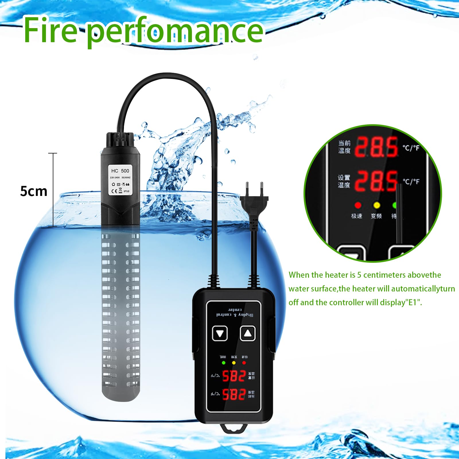 HUIZHOU Chauffage pour Aquarium (15-34 °C), thermoplongeur pour Aquariums et bassins à Poissons avec régulateur de température et Protection Contre la surchauffe (500W)
