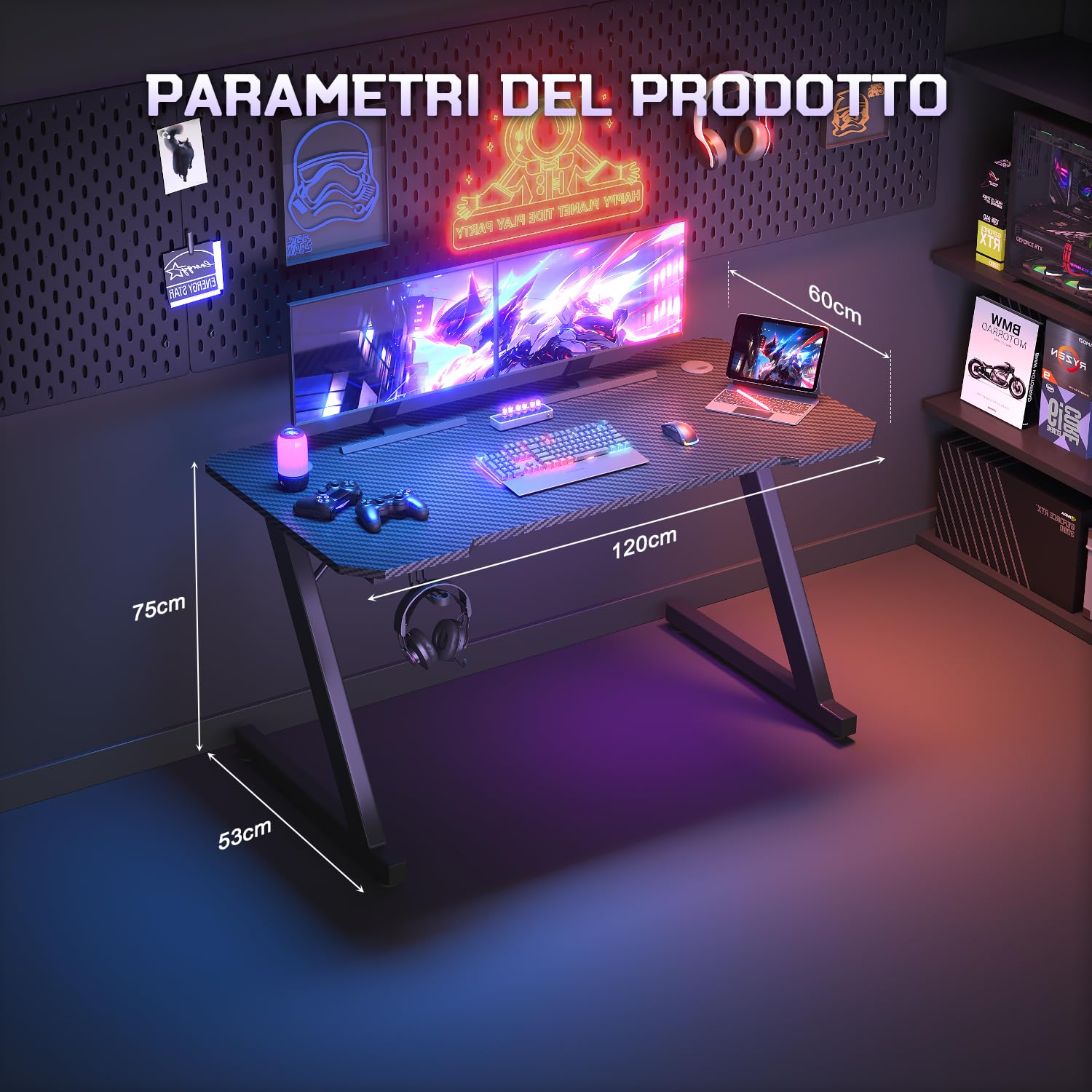 JUMMICO Scrivania Gaming 120 x 60 cm, Tavolo Gaming Ergonomica, Scrivania per Computer Postazione Gamer con Piano del Tavolo in Fibra di Carbonio Adatto Sia per i Giocatori Che per l'uso in Ufficio.
