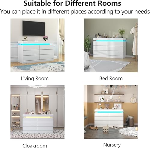 Miniatura 7 de Cómoda de 6 cajones con toma de corriente, Cómoda con luz LED, Cajonera moderna para armario, Organizador de cajones doble ancho para dormitorio,