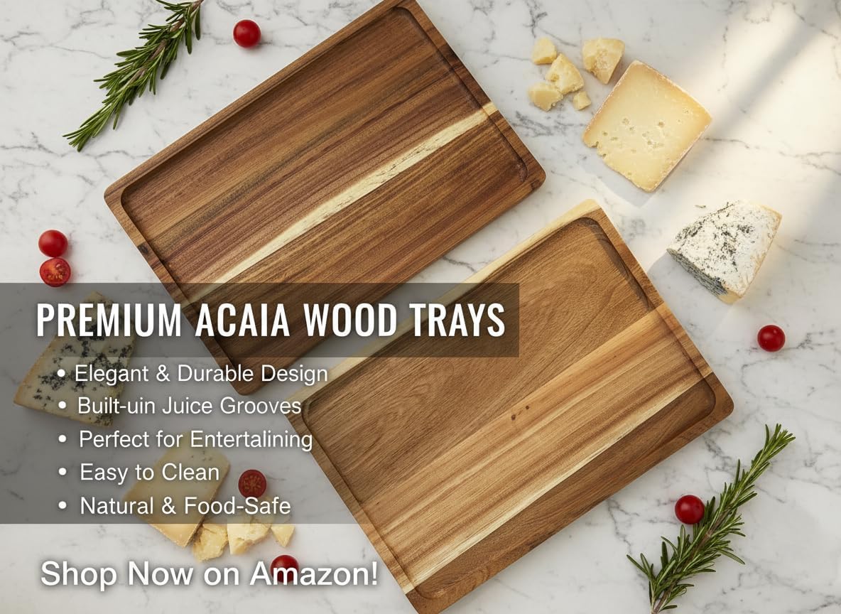 2 PCS Solid Acacia Wood Serving Trays Rectangular Wooden Serving Platters Natural Wooden Boards for Bar Coffee Party 13.5 * 9.5 inch (13.5 * 9.5) - Image 3