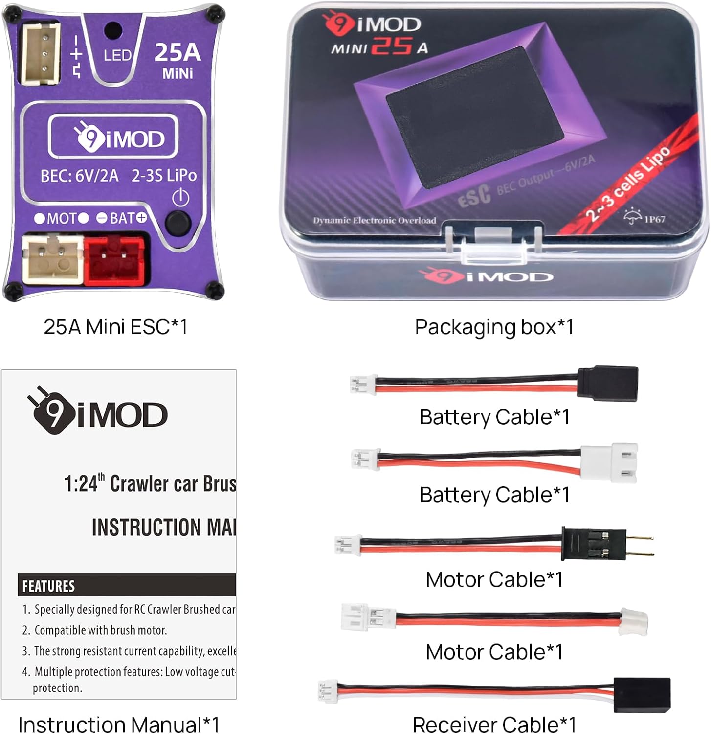 25A Mini Brushed ESC for 1/18 TRX4M Axial SCX24 RC Crawler Upgrade, 2-3s LiPo Micro RC ESC (Black)