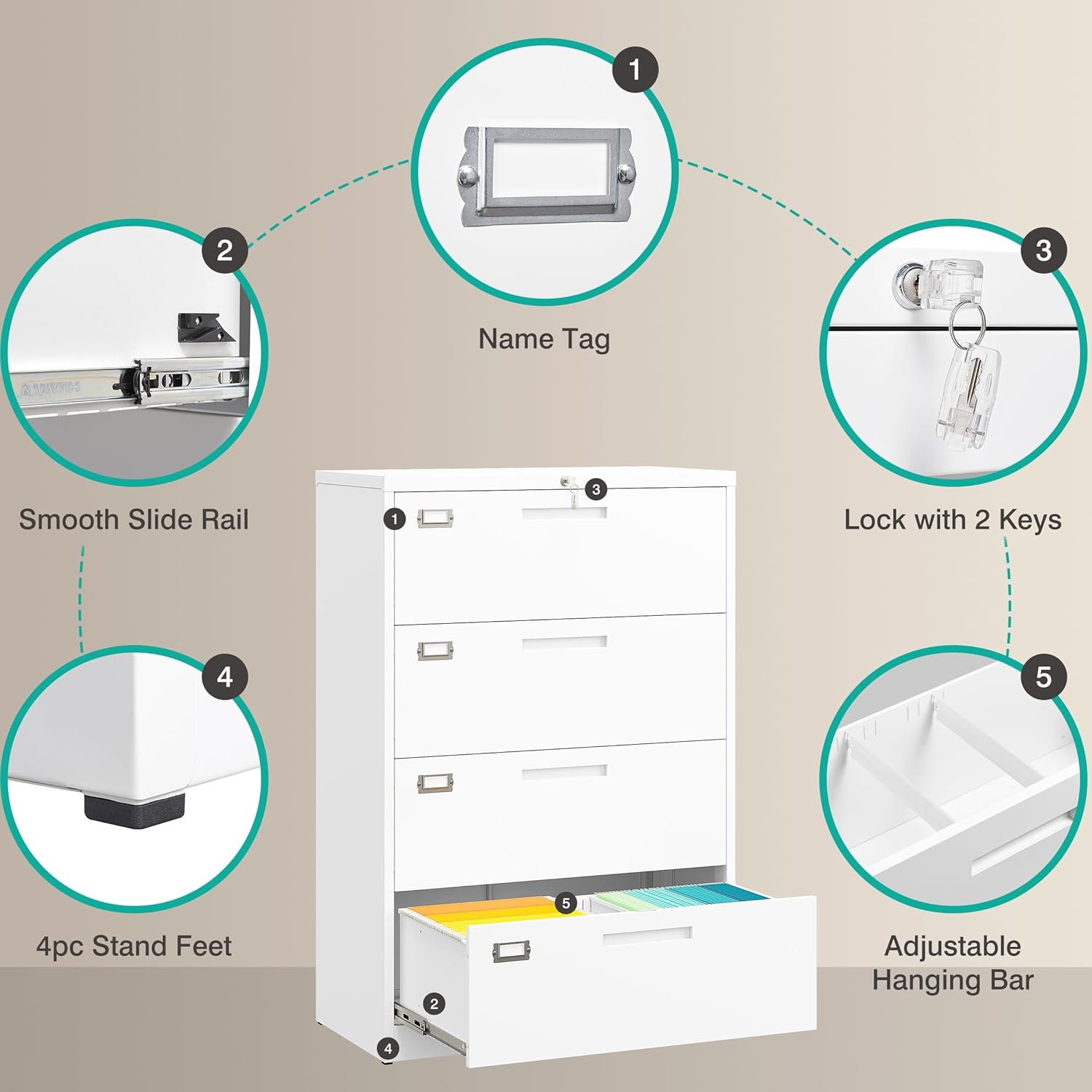 SISESOL 4-drawer lateral file cabinet showing compatibility with A4, Letter, F4, and Legal size files