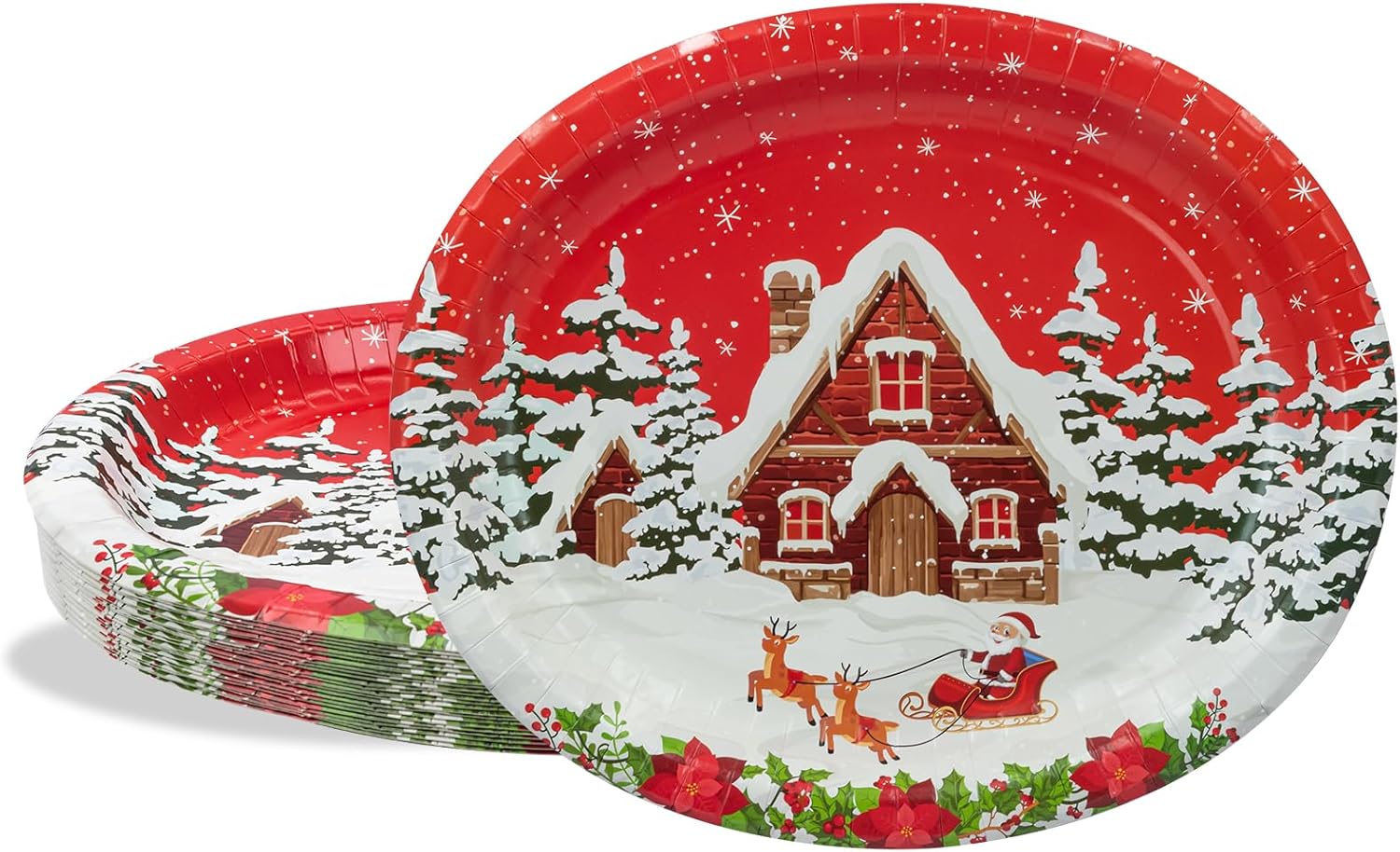 ZVK 12" Christmas Oval Plates Set 50 Pieces Snowhouse Party Large Paper Plates Disposable Buffet Dinnerware