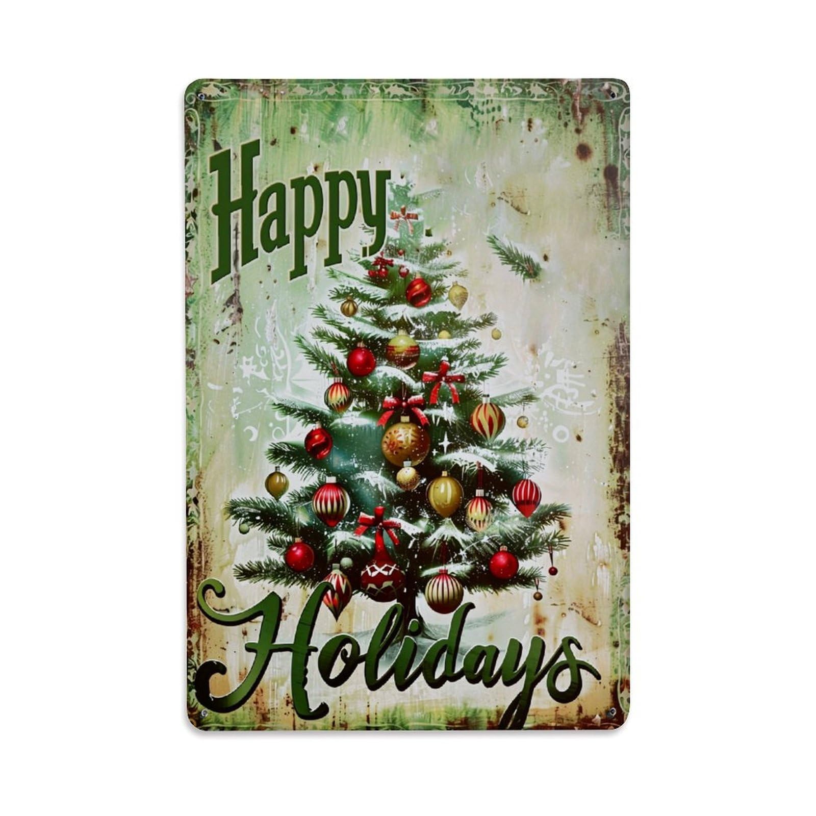 Jdfenggu Vintage Christmas Tree Ornaments Snow Happy Holidays_1 Retro Metal Tin Sign, Decor Art Poster For Bar, Home, Man Cave, Kitchen, Laundry Room Gift 8X12inch