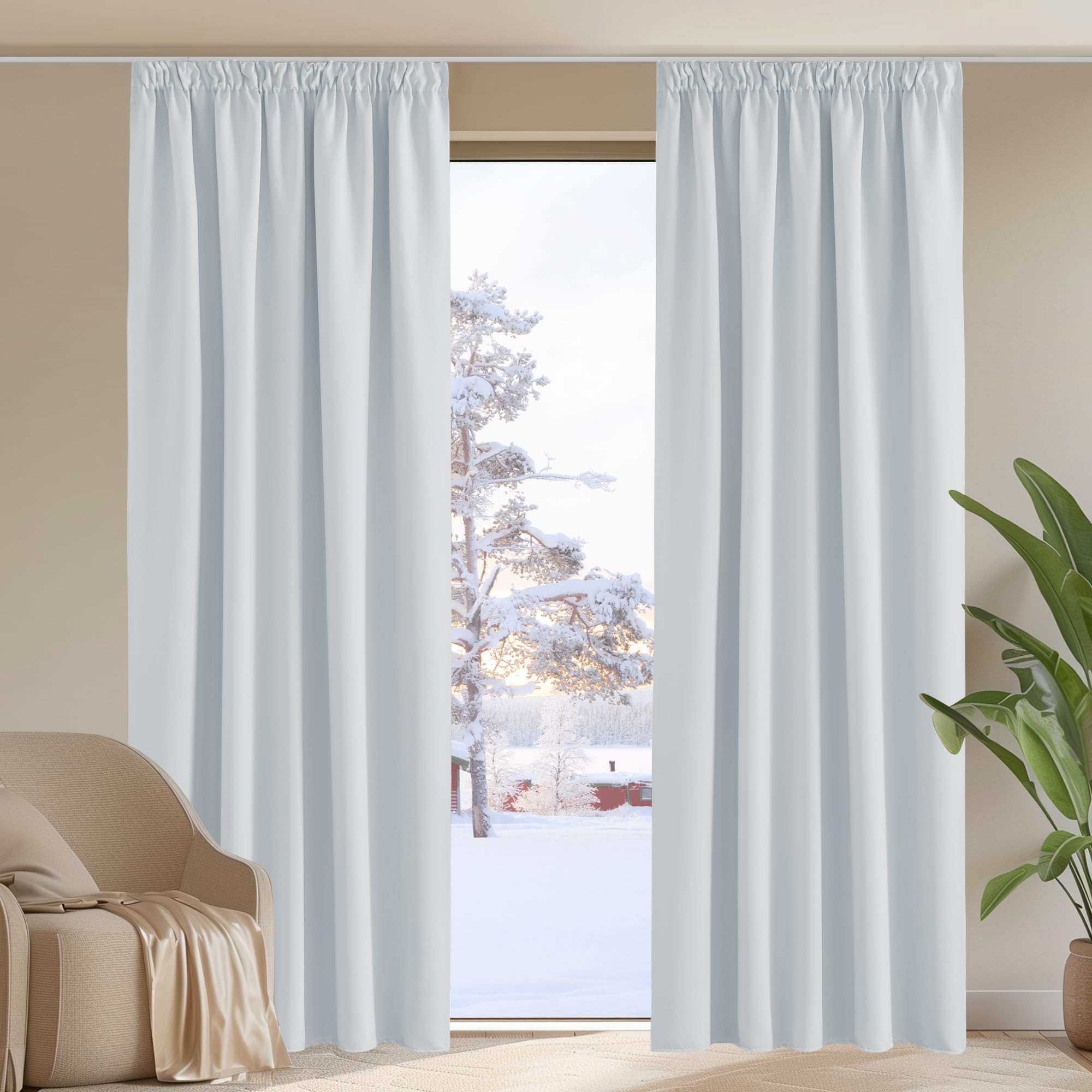 PONY DANCE Cortinas Salon Blancas 2 Piezas Opacas Aislantes Termicas Cortina Dormitorio para Riel Habitacion Ventana, 140x260 CM, Blanco Gris