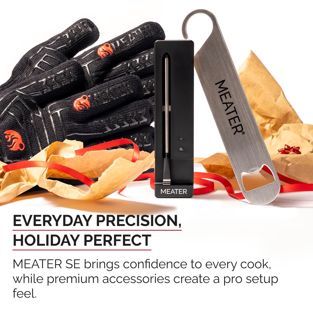 MEATER SE Wireless Thermometer w/BBQ Mitts & Bar Blade, Black, 165ft Range | Wireless smart thermometer for everyday cooking with heat-resistant mitts and bar blade bottle opener. 50+ recipes in app.