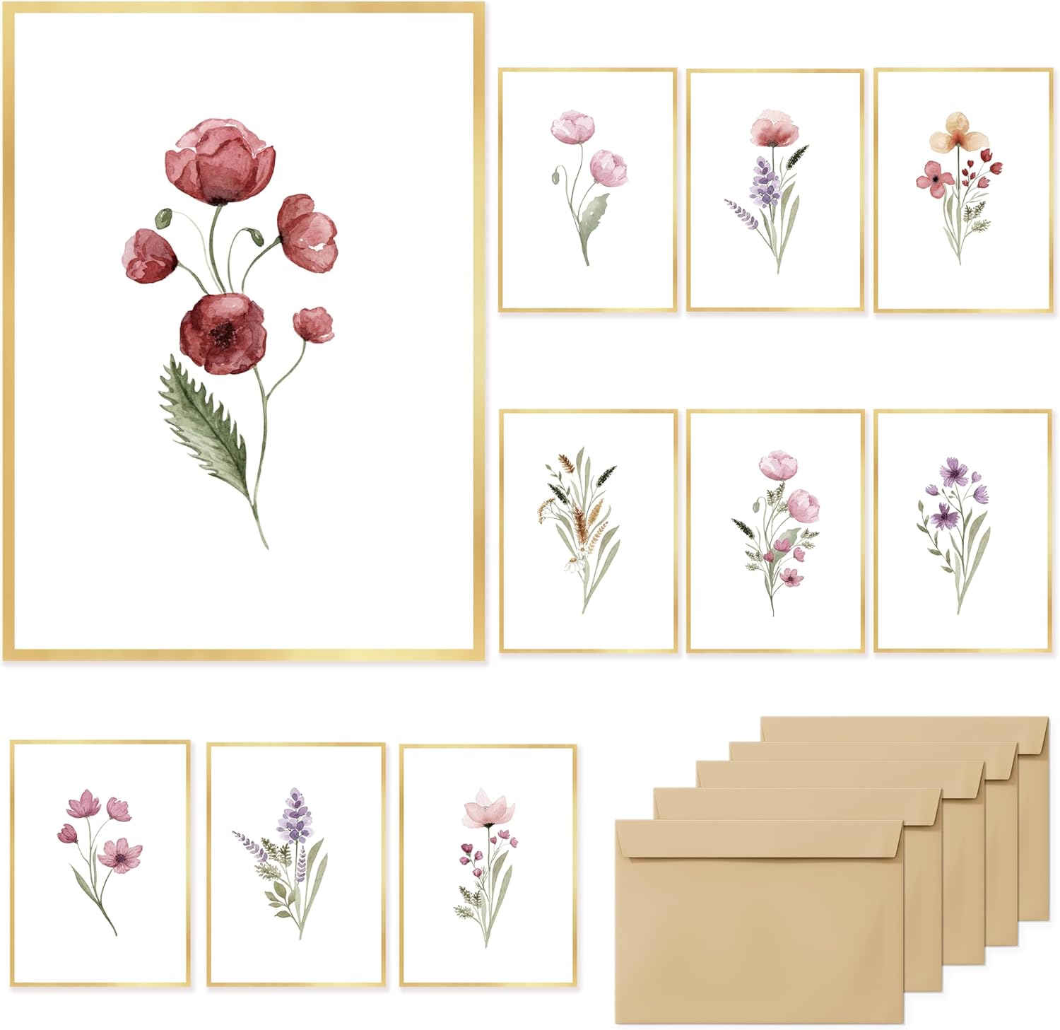 SLAPAFLIFE Gold Foil Floral Blank Greeting Cards 4x6, 20 Pack with Rustic Peel & Seal Envelopes - Elegant All Occasion Note Cards