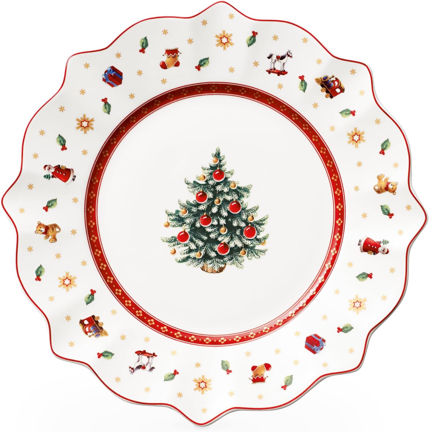 Toy's Delight Christmas Collection Salad Plate, Premium Porcelain, 9.5 in Diameter, White/Multicolored, Christmas Tree Center Design
