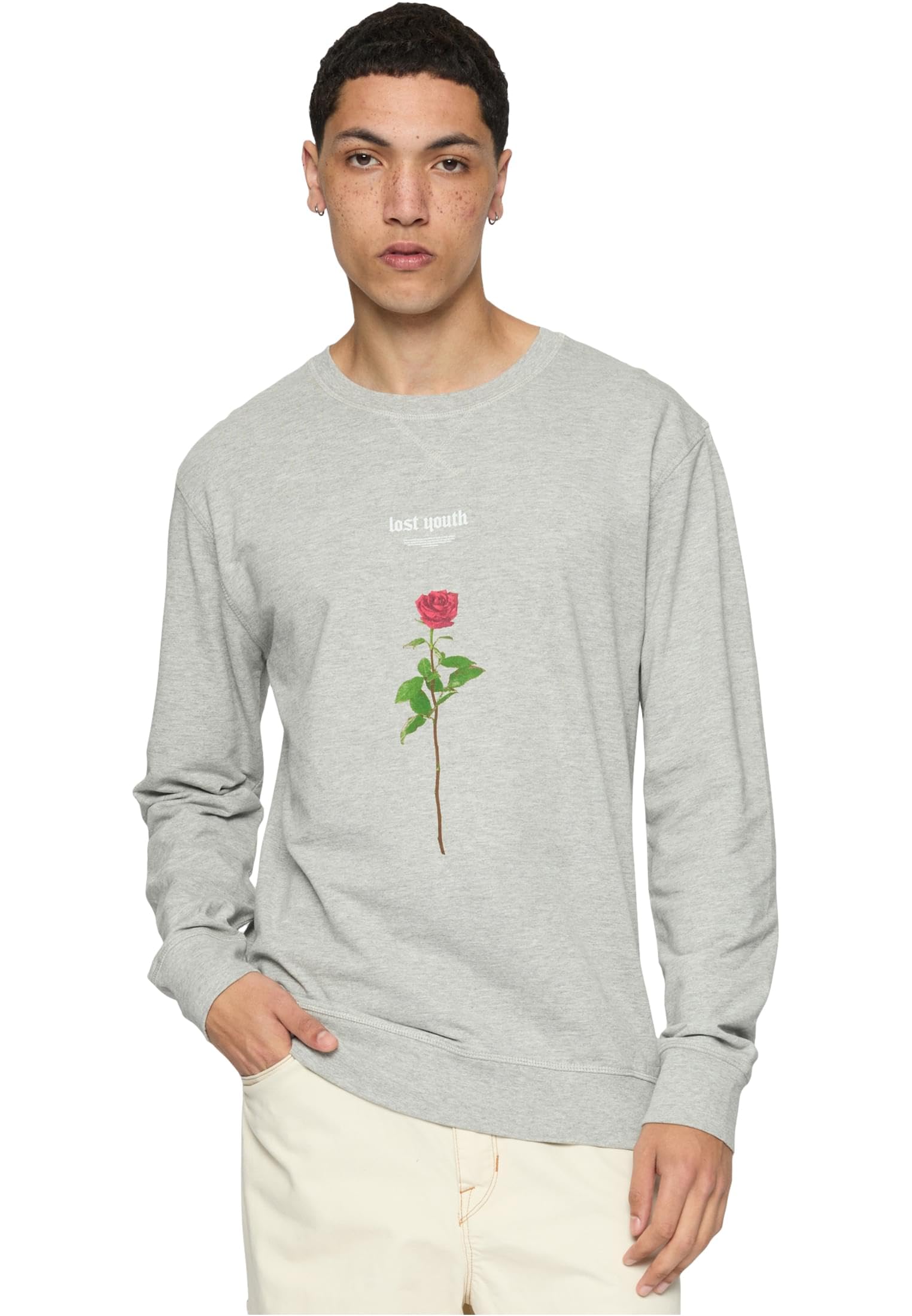 Mister Tee Men's Lost Youth Rose Crewneck Sweatshirt, Grey,