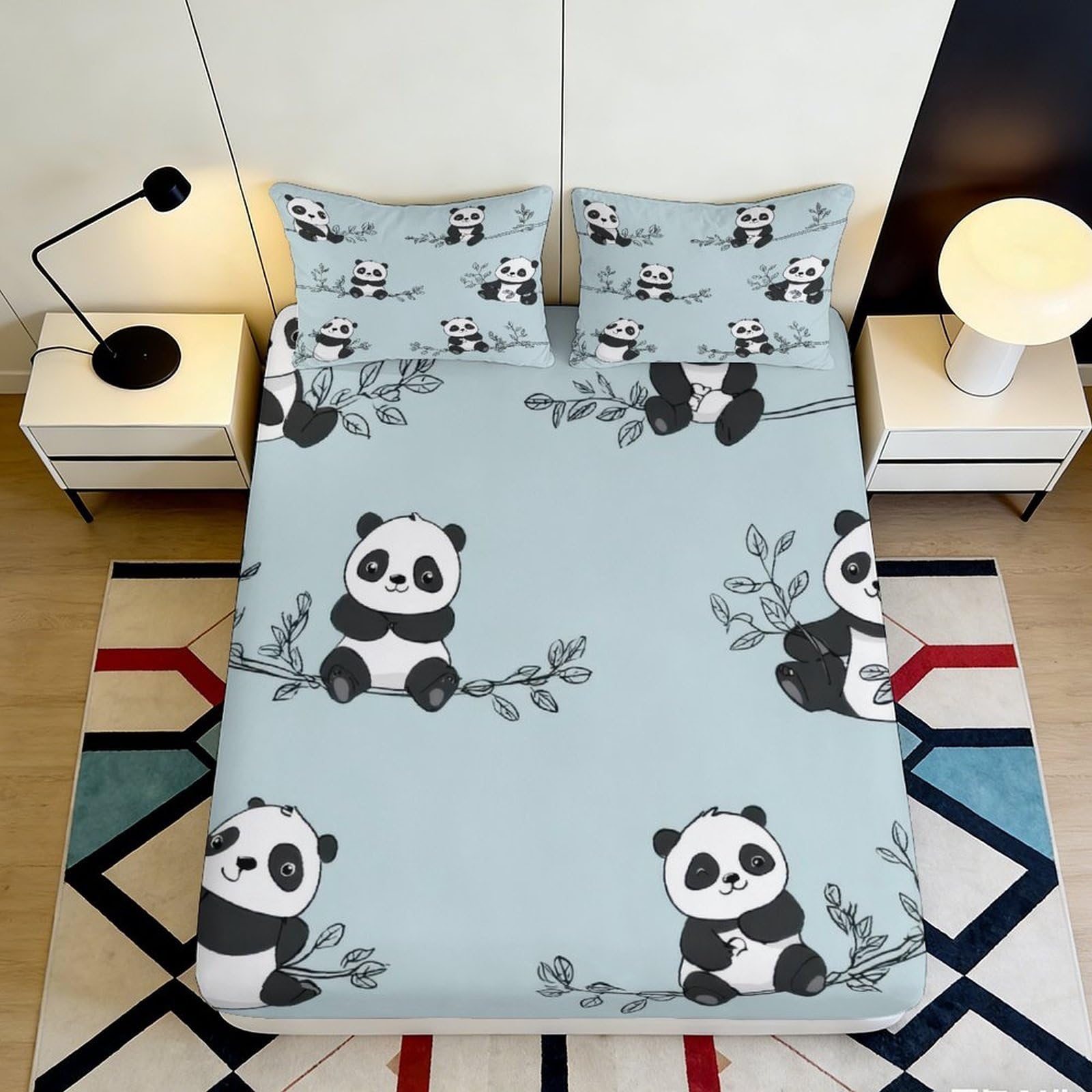 3D Printed Cute Panda Fitted Sheet Microfiber Soft Blue Bamboo Mattress Cover for Bedroom Guest Room Decor 90x200x25cm