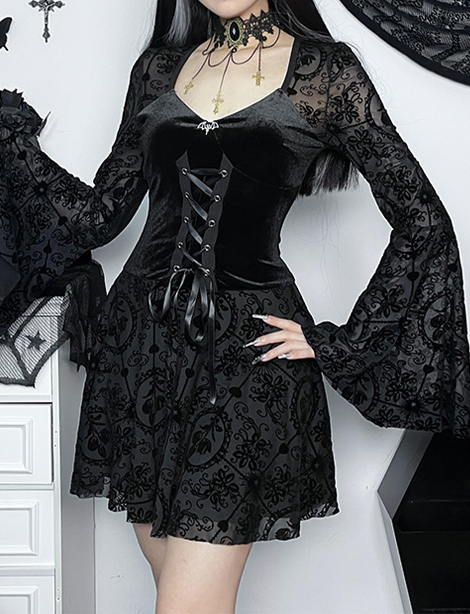 Maeau - Vestito Gotico Donna Retro Nero Steampunk Abito Vintage Pizzo Vestito A-Line Maxi Elegante Maniche Lunghe
