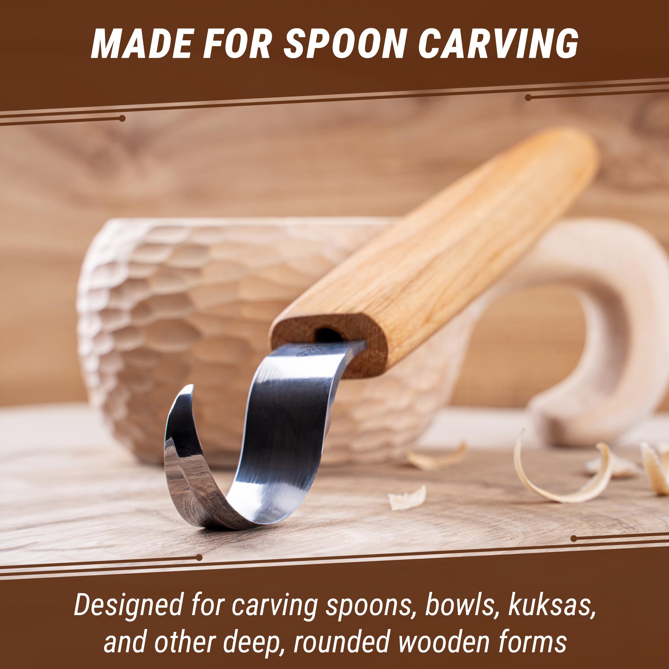 BeaverCraft Cuchillo Curvo SK1 para Tallar Cucharas – Herramienta de Tallado para Diestros – Cuchillo para Cucharas, Cuencos y Tazas – Herramientas de Tallado para Principiantes y Profesionales