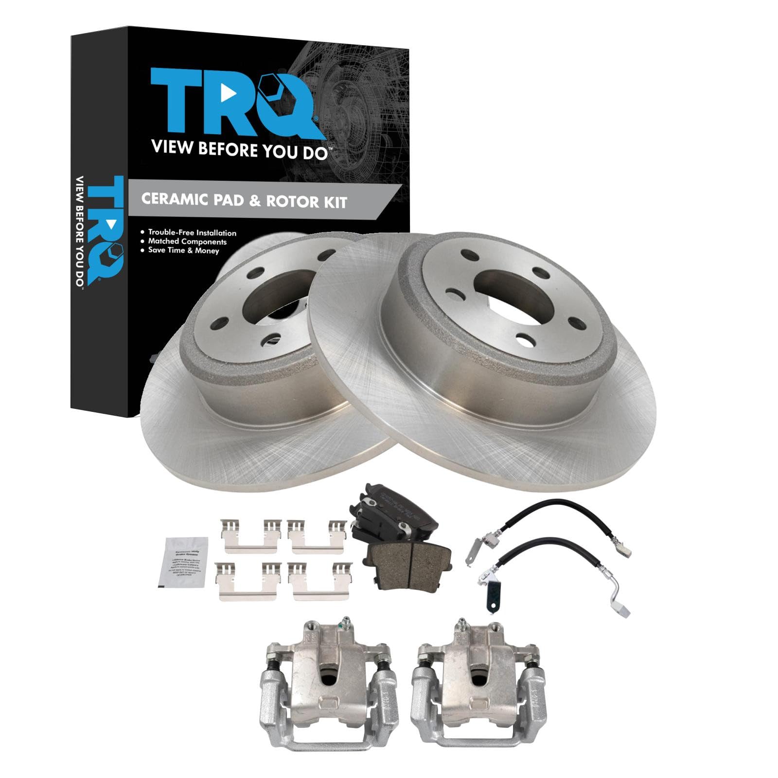 TRQ Rear Brake Pad &amp; Rotor Kit Ceramic Compatible with 2005-2018 Chrysler 300 2010-2015 Dodge Challenger 2006-2016 Charger 2005-2008 Magnum
