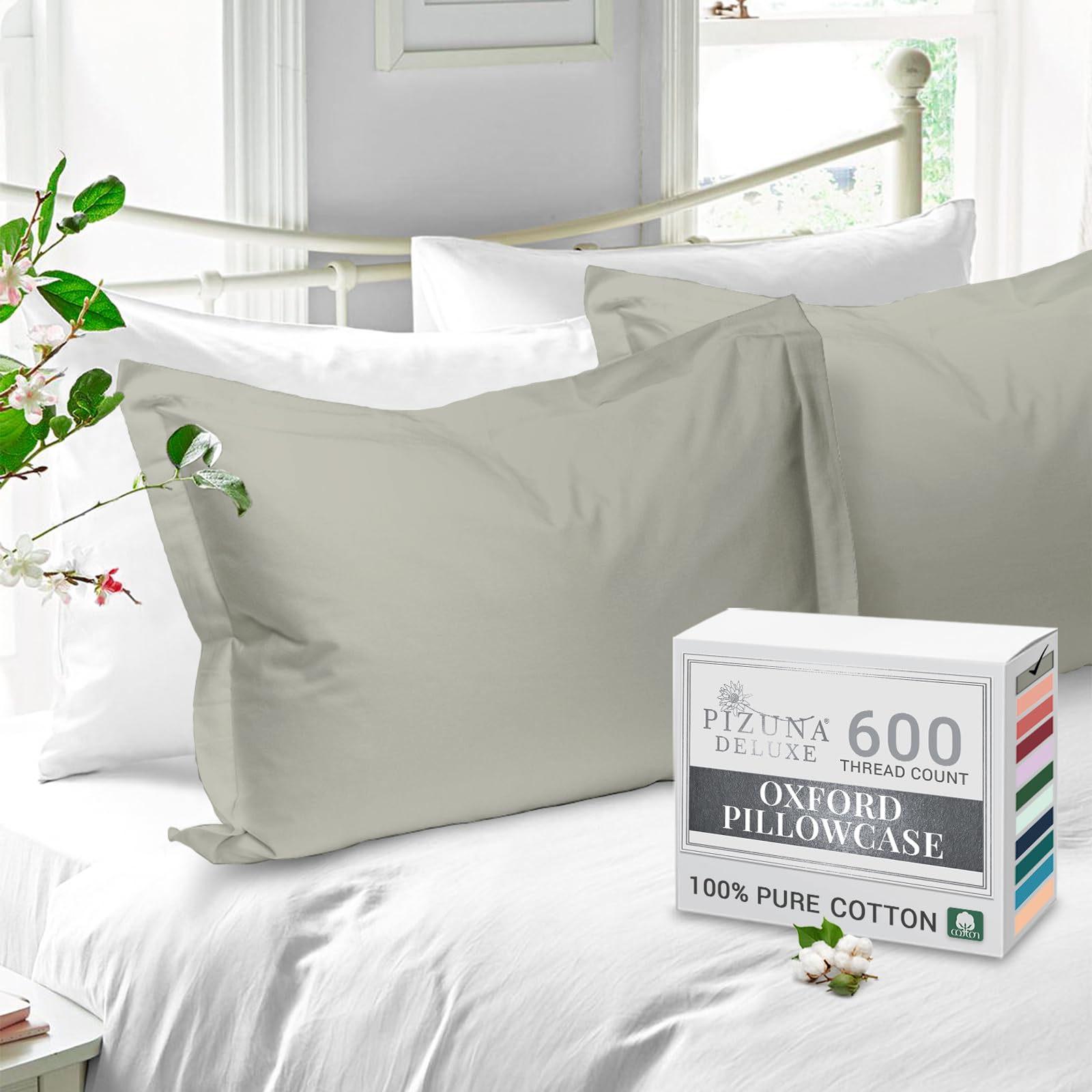 Pizuna Pure Cotton King Size Oxford Pillowcases 2 Pack Silver 50x90cm, 600 Thread Count Long Staple Combed Cotton Crispy Soft Pillow Cover, Soft Sateen King Pillow Cases