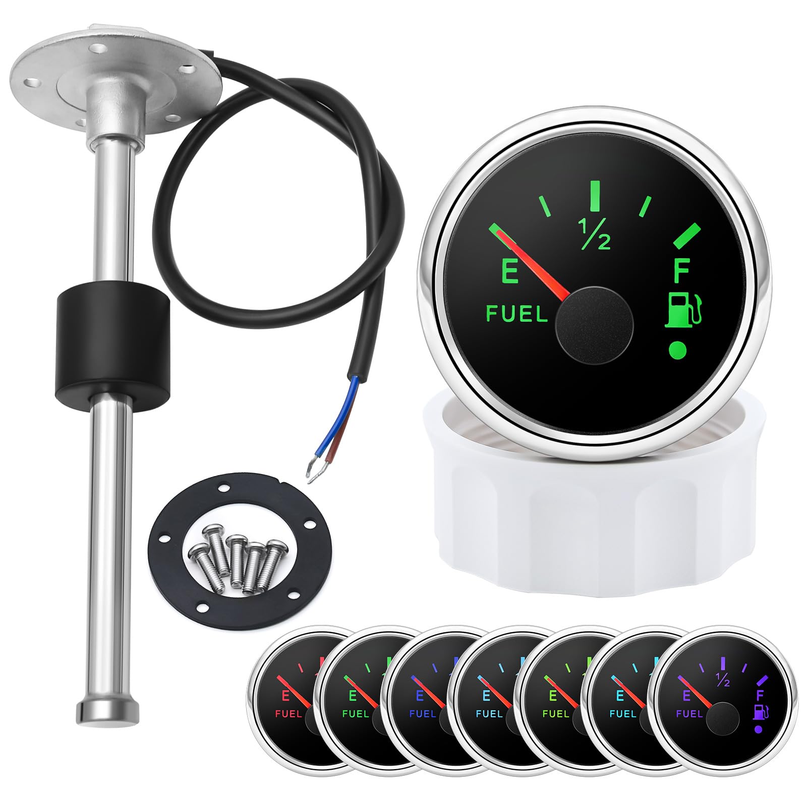 52mm Marine Fuel Level Tank Gauge Kit - with 200mm Fuel Water level Sensor, 0-190 Ohm, 7-Color LED Backlight, 12V/24V for Boat, Sailboat, RV, Car, Camper, Gas Tank