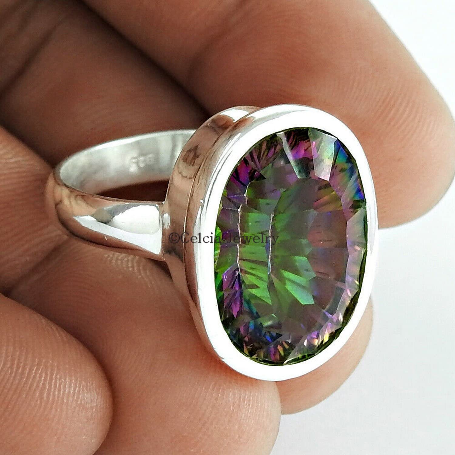 Joyería fina hecha a mano con topacio místico natural, anillo regalo para mujer de plata de ley 925 maciza, regalos de aniversario únicos para esposa, anillo bodas
