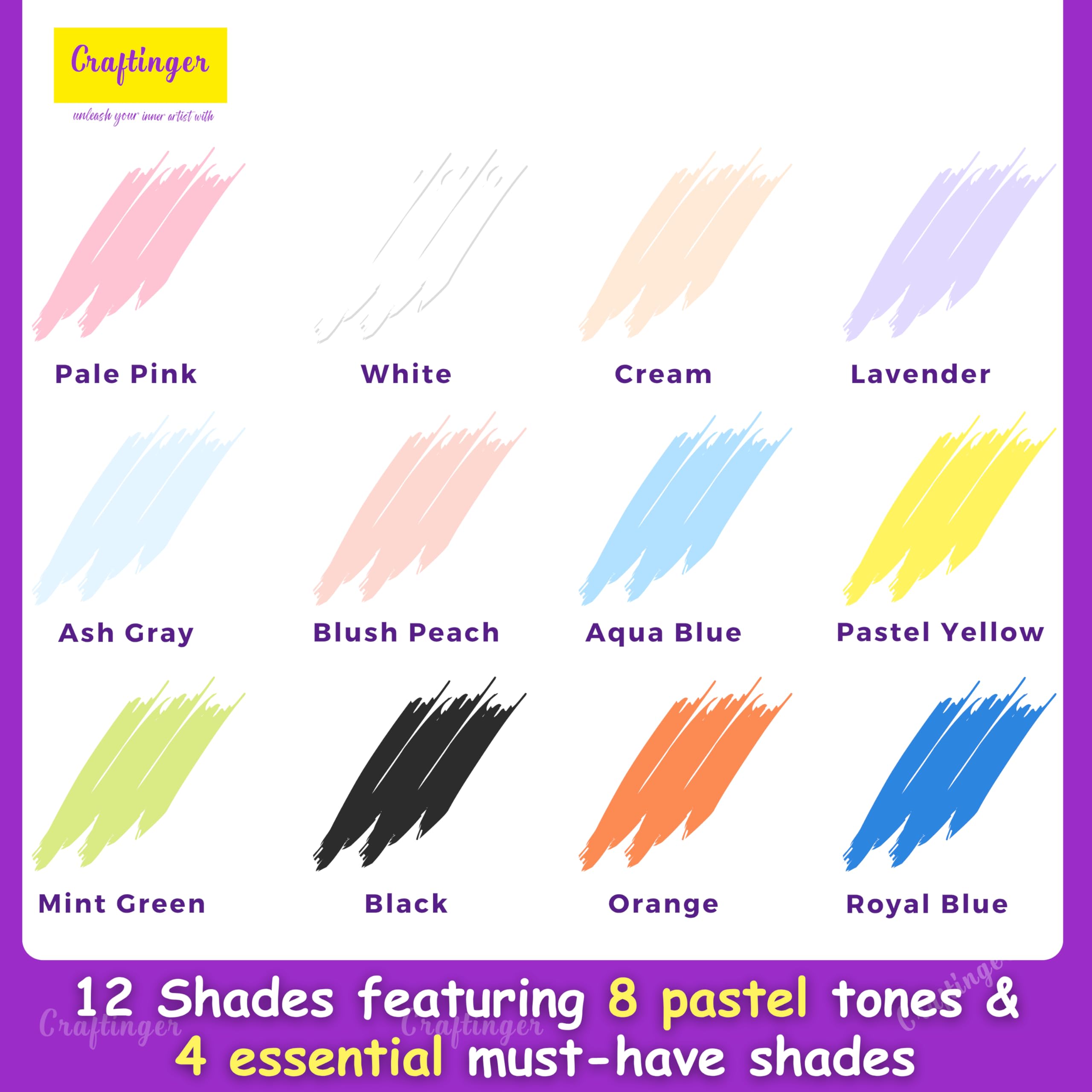 Craftinger 12-Sets Acrylic Colours with 30ml Varnish | Each 30ml Pastel & Essential Colors | Multi-Surface color for Canvas, Wood, Glass, Metal, Plastic & More | Set for Adults for Artists, students, Children & Hobbyists 1