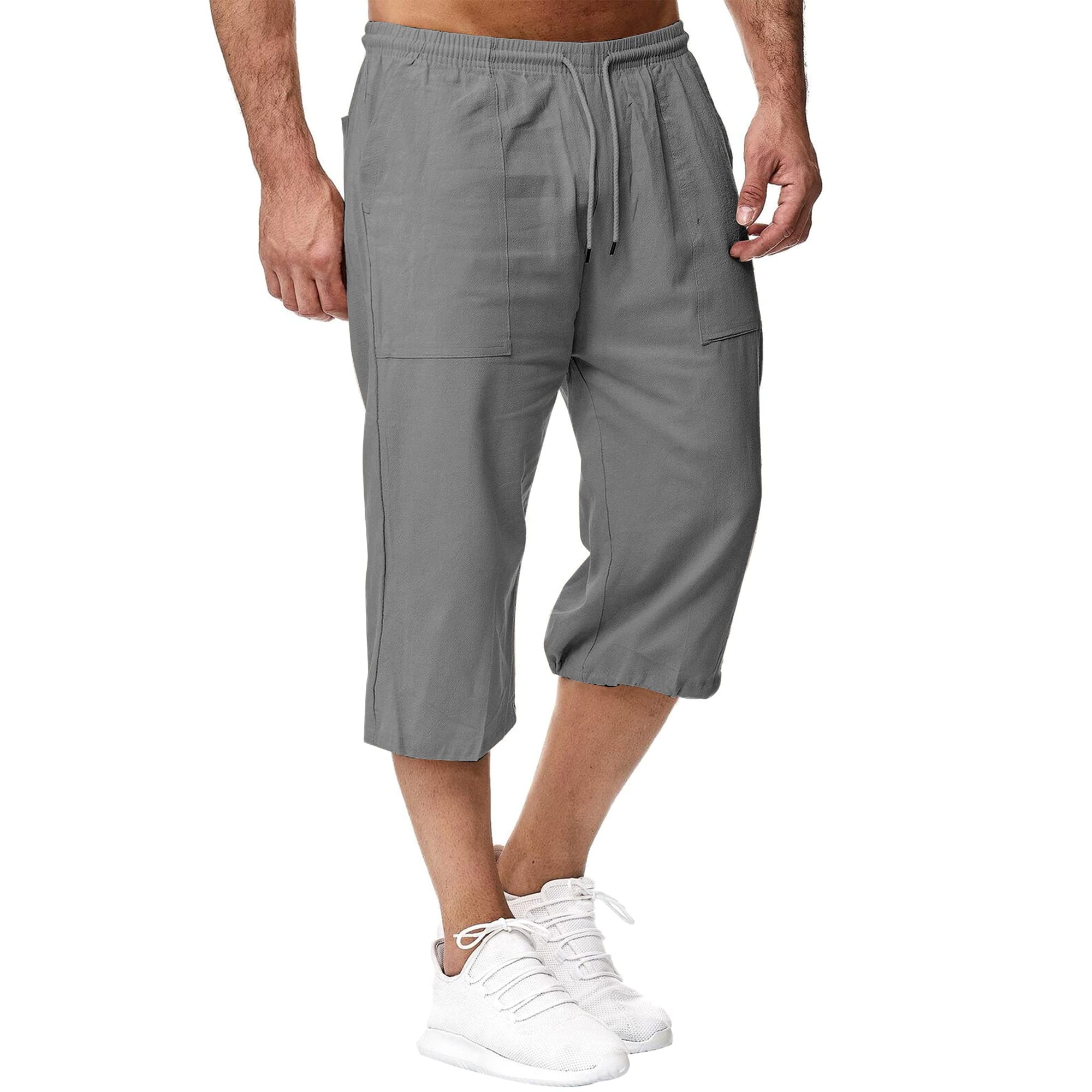 SprifloralMens Linen Shorts 3/4 Length Pants Summer Trousers Beach Yoga Joggers Casual Sweatpants