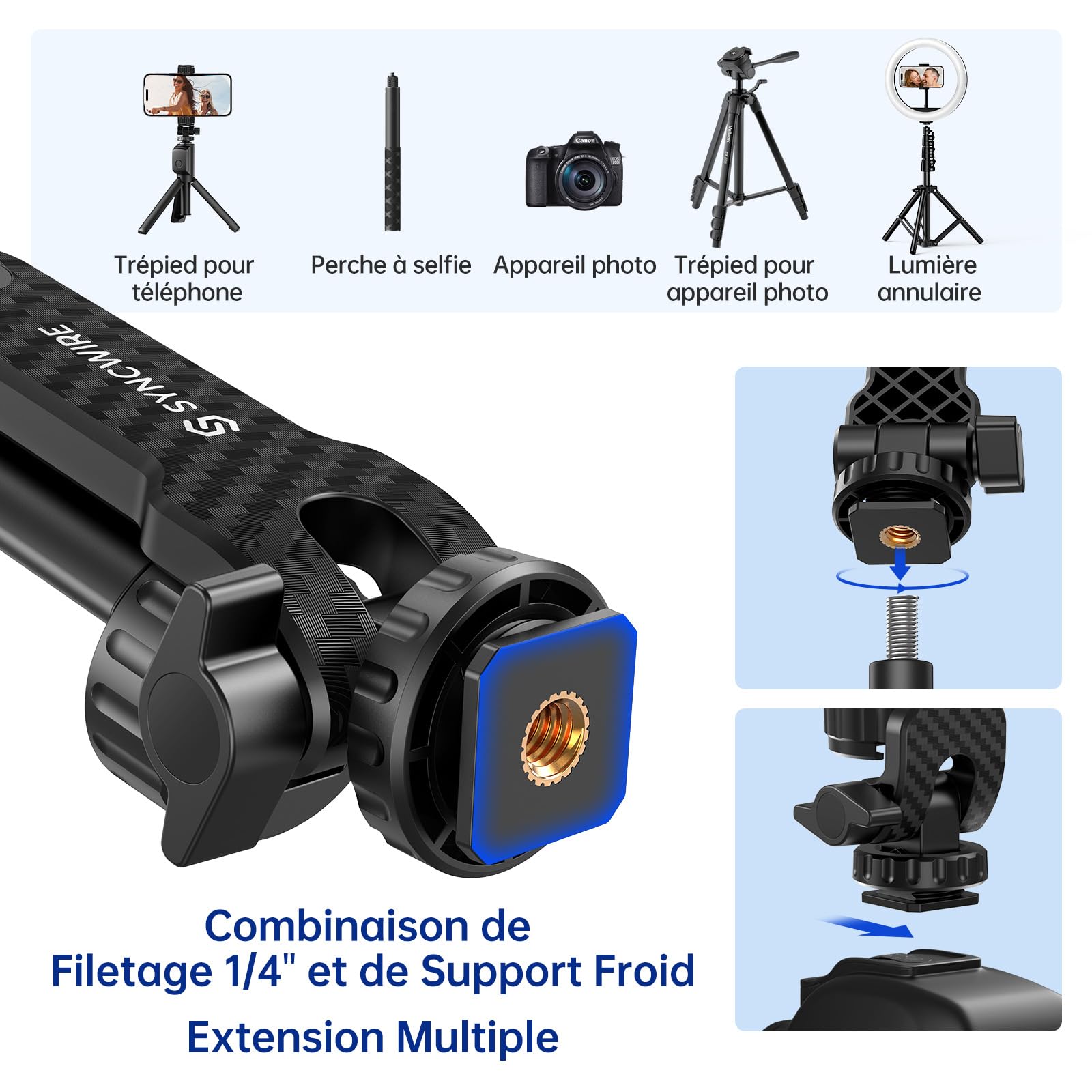 SYNCWIRE Adaptateur Trépied Smartphone avec 2 Sabots Froids, Vis 1/4", Rotatif 360°
