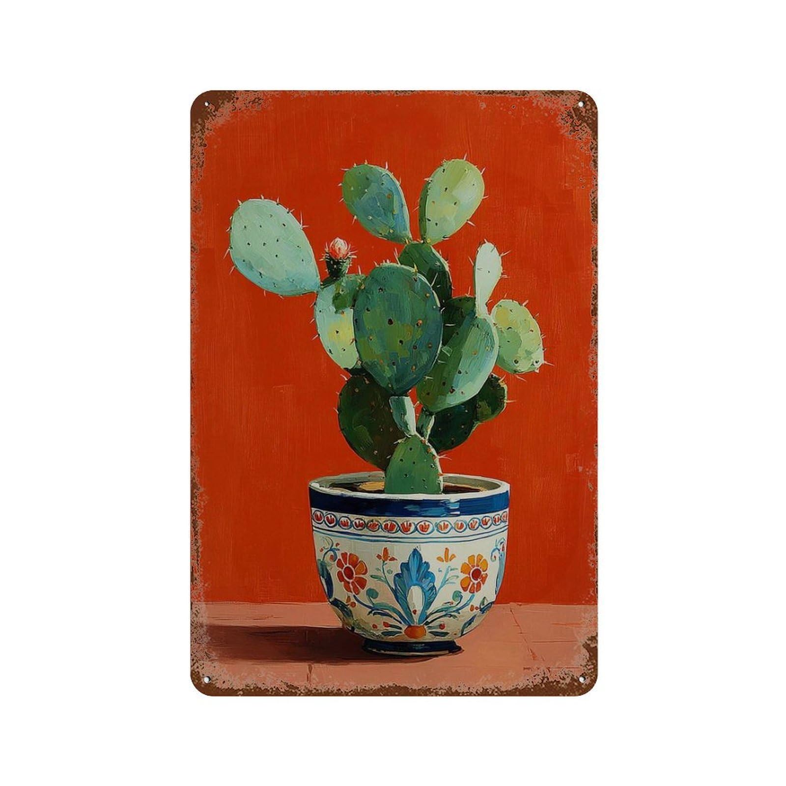 xiaoxiaoshen Cactus Mexican Pottery Bold Botanical Colorful Southwest Modern Desert Painting Wall Decor Art Metal Tin Poster Modern Home Decor Art Home Bar Shop Decorations Vintage Sign 30x20cm