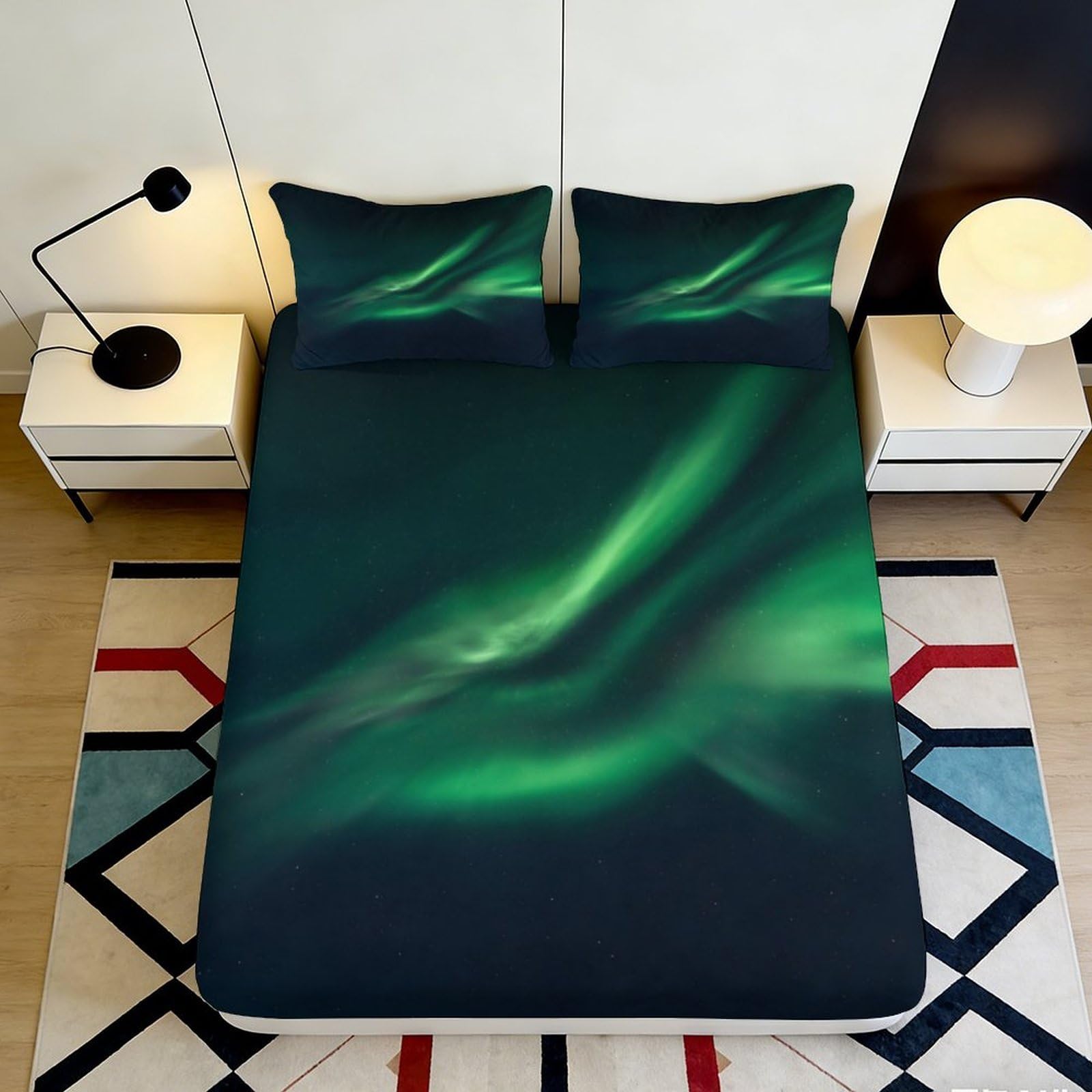 3D Printed Aurora Borealis Fitted Sheet Microfiber Soft Durable Northern Lights Bed Sheet for Bedroom Dormitory Guest Room Mattress Protection 160x200x25cm