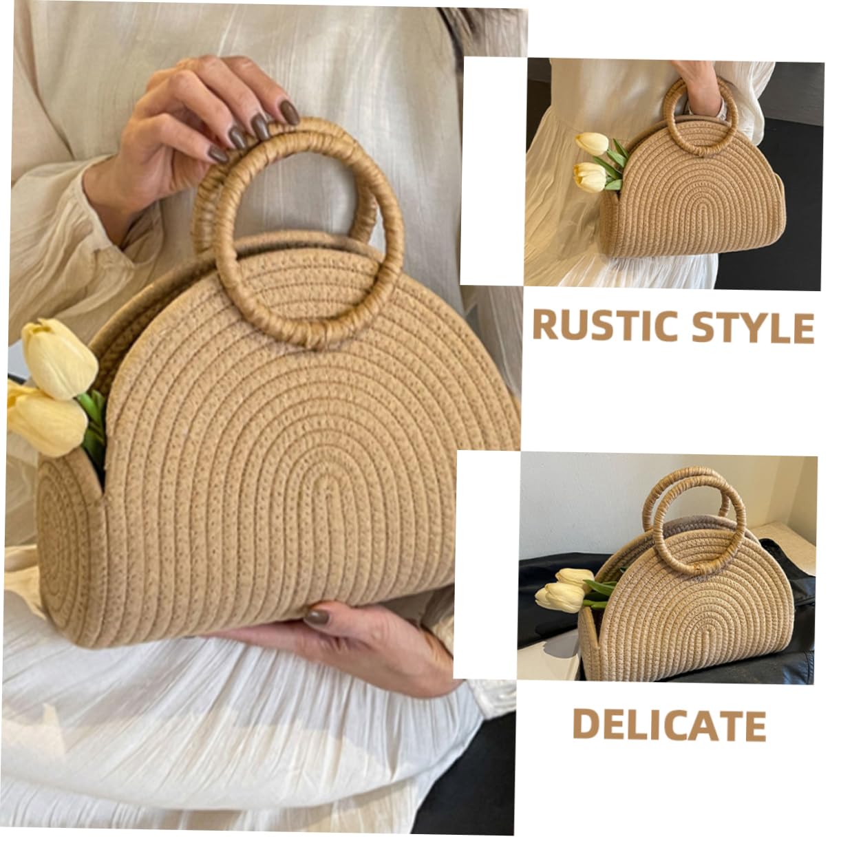 IMIKEYA Borsa Intrecciata in Corda di Cotone Khaki Portatile per l'Estate Grande Capacità e Design Rustico per Mare