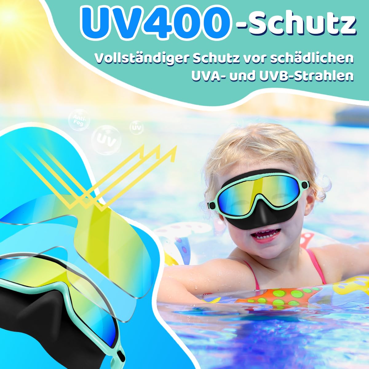 Vvinca Lot de 2 lunettes de natation avec pince-nez, étanches, pour enfants de 3 à 15 ans, grand angle, anti-buée/protection UV
