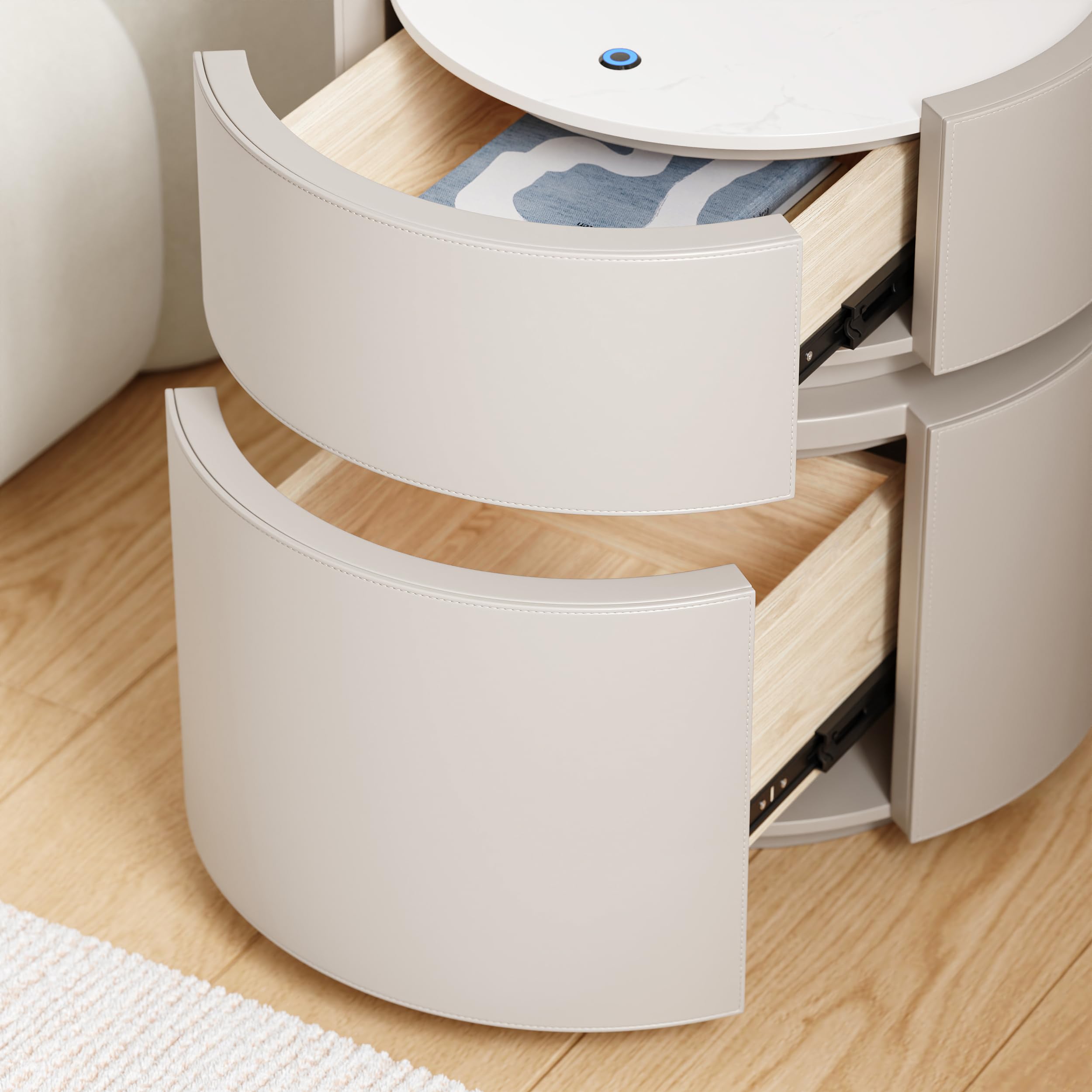 Homary Nachttisch mit Ladefunktion, Smart Nachtschrank mit 2 Schubladen, Sattelleder & Sinterstein, 40x40x52cm, Moderner Beistelltisch mit LED-Beleuchtung für Schlafzimmer, Rundes Design