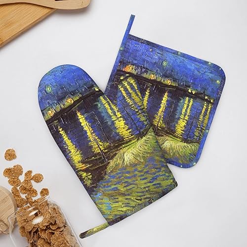 Miniatura 8 de Starry Night Over The Rhone - Combinación de guantes de horno para mano izquierda y soportes para ollas guantes de silicona para barbacoa de Van