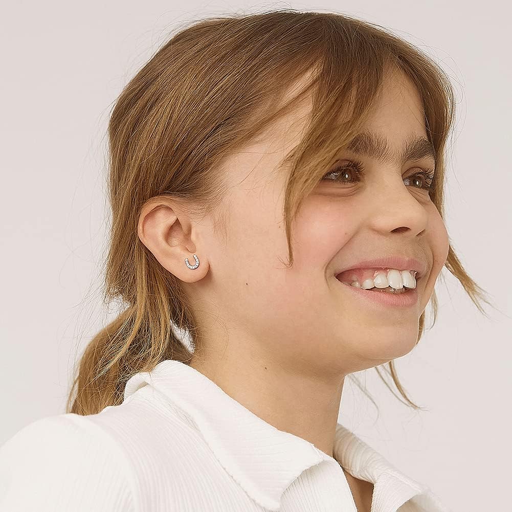 In Season Jewelry Cubic Zirconia Horseshoe Stud Kids Earrings - 925 Sterling Silver Hypoallergenic Earrings for Girls with Secure Screw Backs - Safe & Comfortable for Kids & Little Girls - Image 2