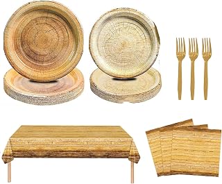 Rustic Wood Grain Party Supplies for 16 – Disposable Plates, Napkins, Tablecloth & Cutlery – Ideal for Camping, Hunting, Outdoor or Forest-Themed Events