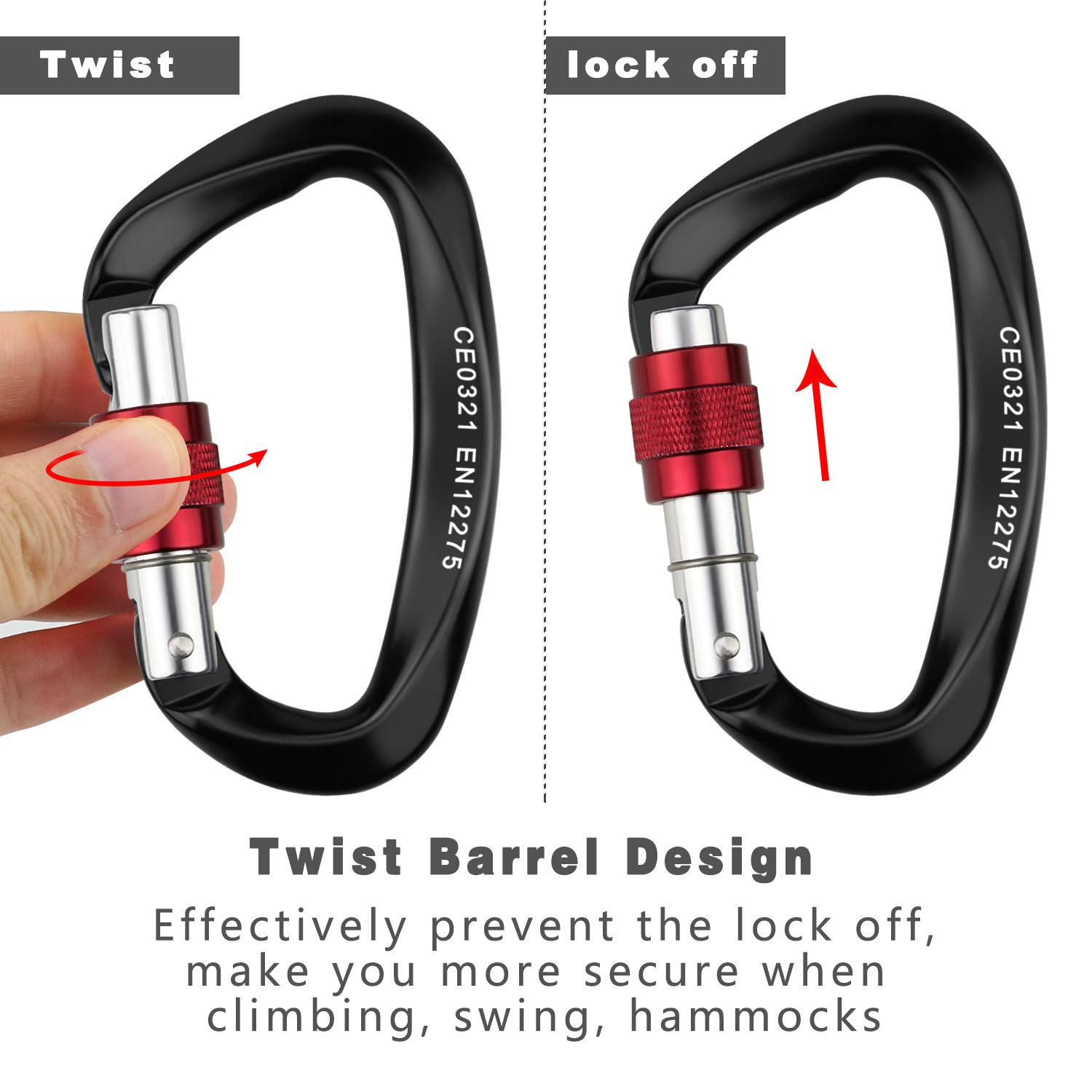 welltop Climbing Carabiners, 2pcs Aluminum Locking Carabiner Clip D