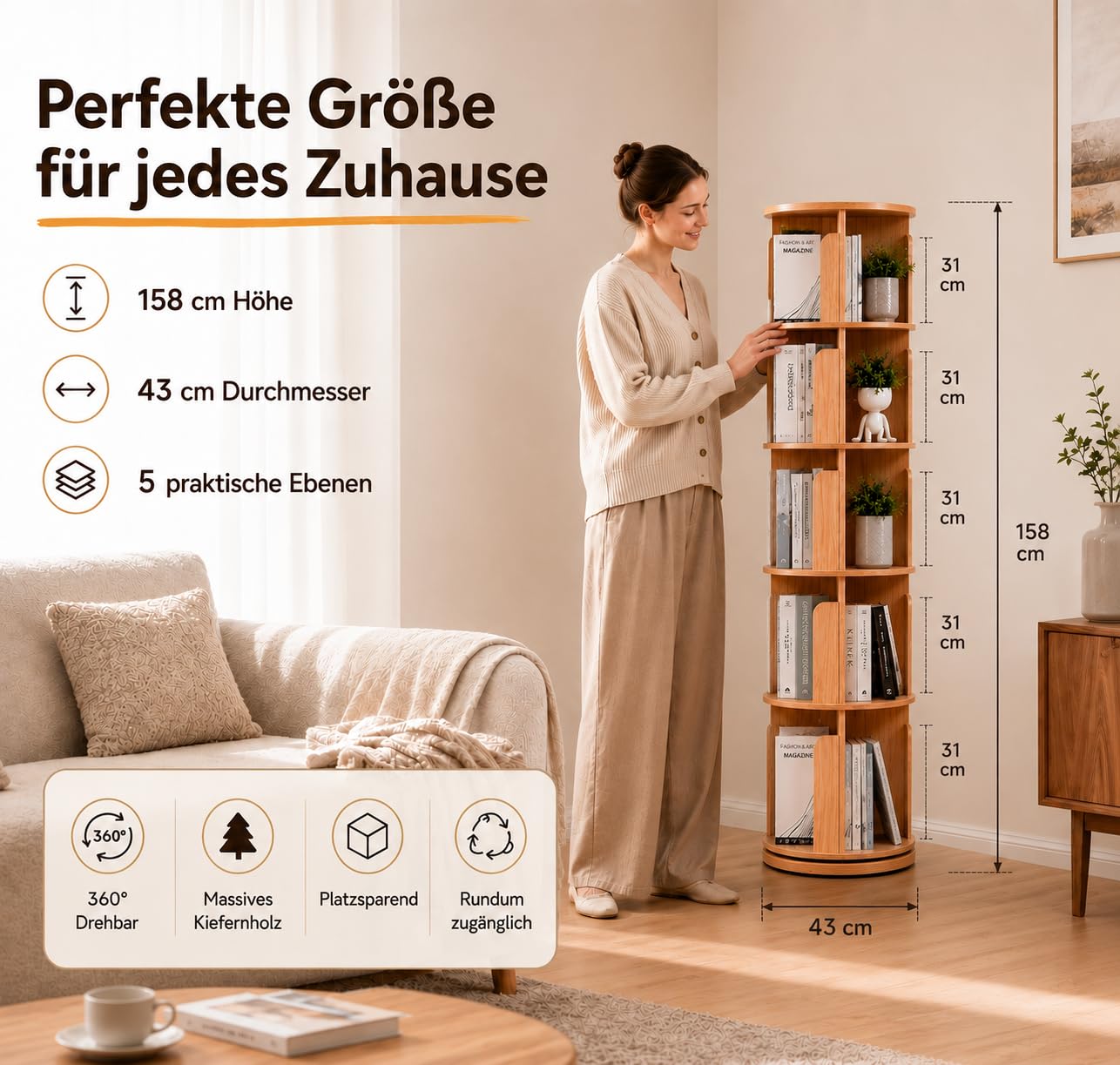 Drehbares Bücherregal aus Holz - 100% Massivholz - Premium Qualität - Platzsparend - Drehregal Bücher Bookcase Rotating Bookshelf Rundes Bücherregal Kinder Drehbar Bücherbaum (5 Böden)